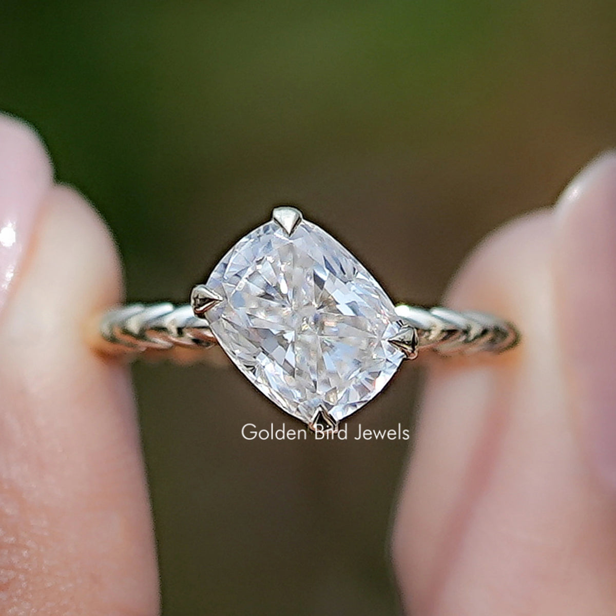 Front view of Elongated Cushion Cut Moissanite Solitaire Ring