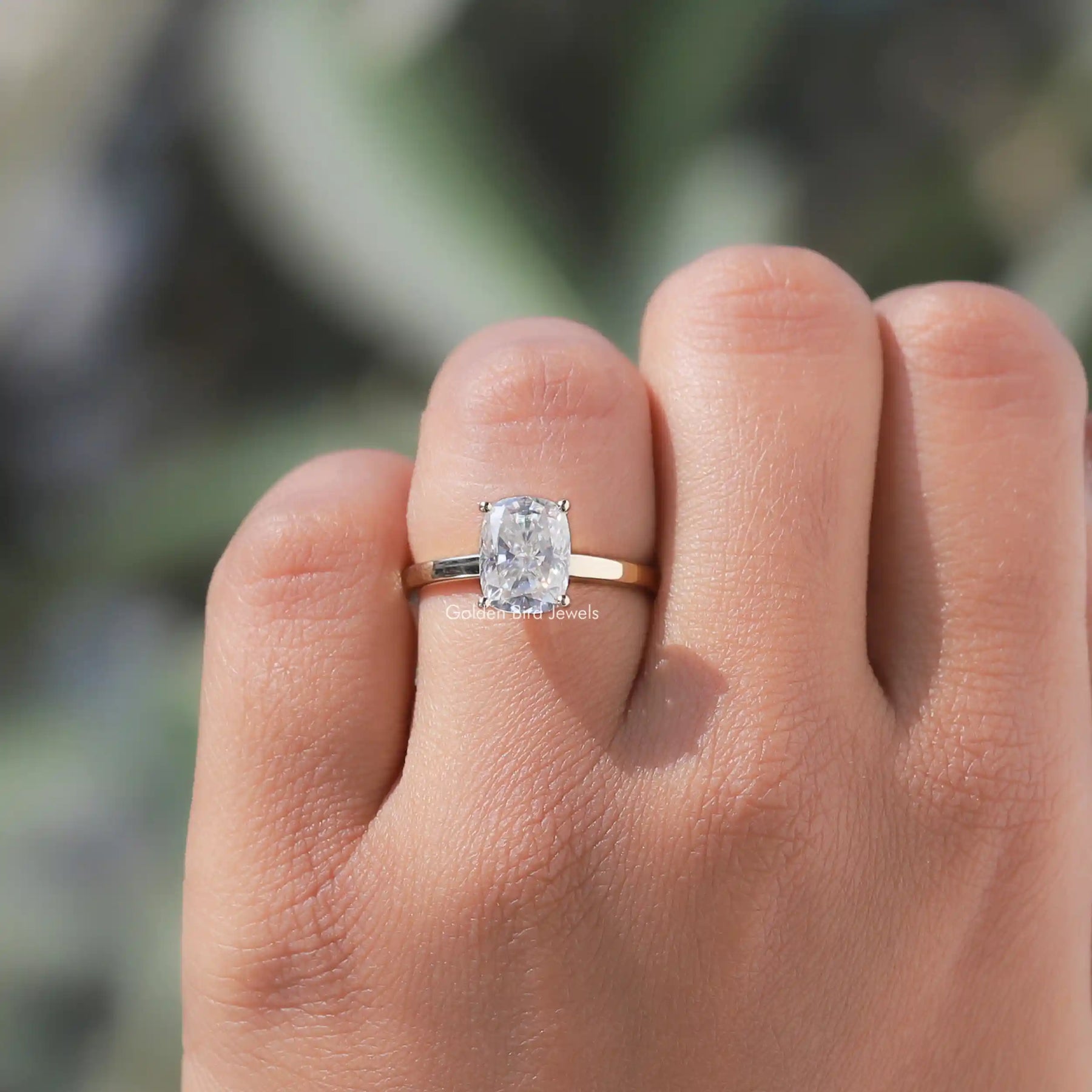 View of Moissanite Cushion Cut Solitaire Ring In finger