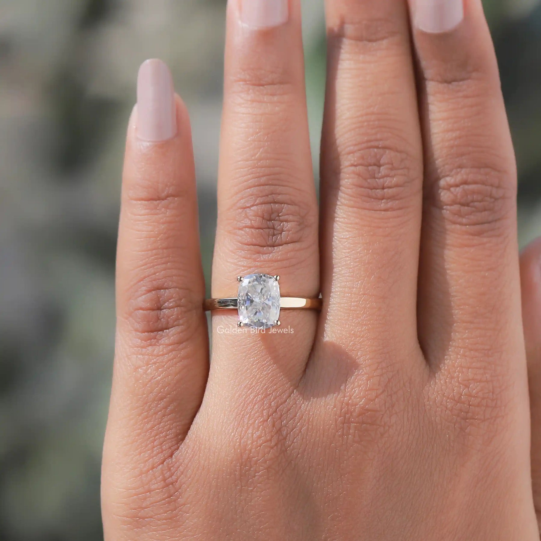 Detailed View Of Cushion Cut Solitaire Moissanite Ring In Yellow Gold