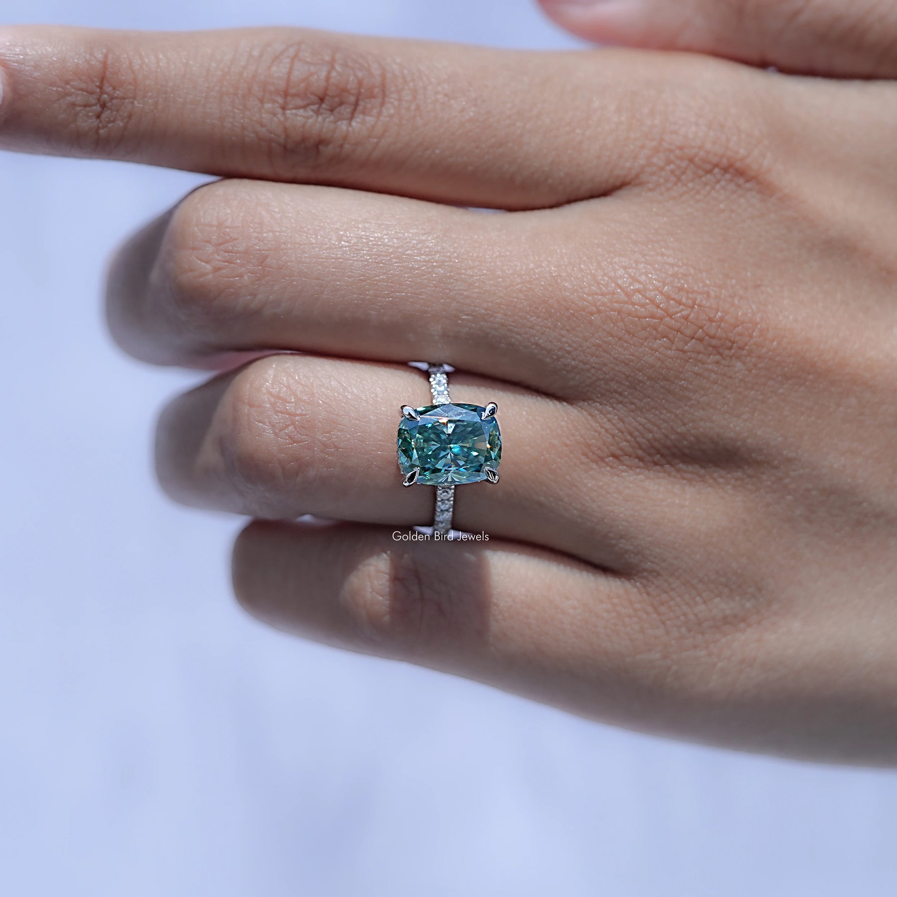 Elongated Cushion Cut Moissanite Hidden Halo Ring