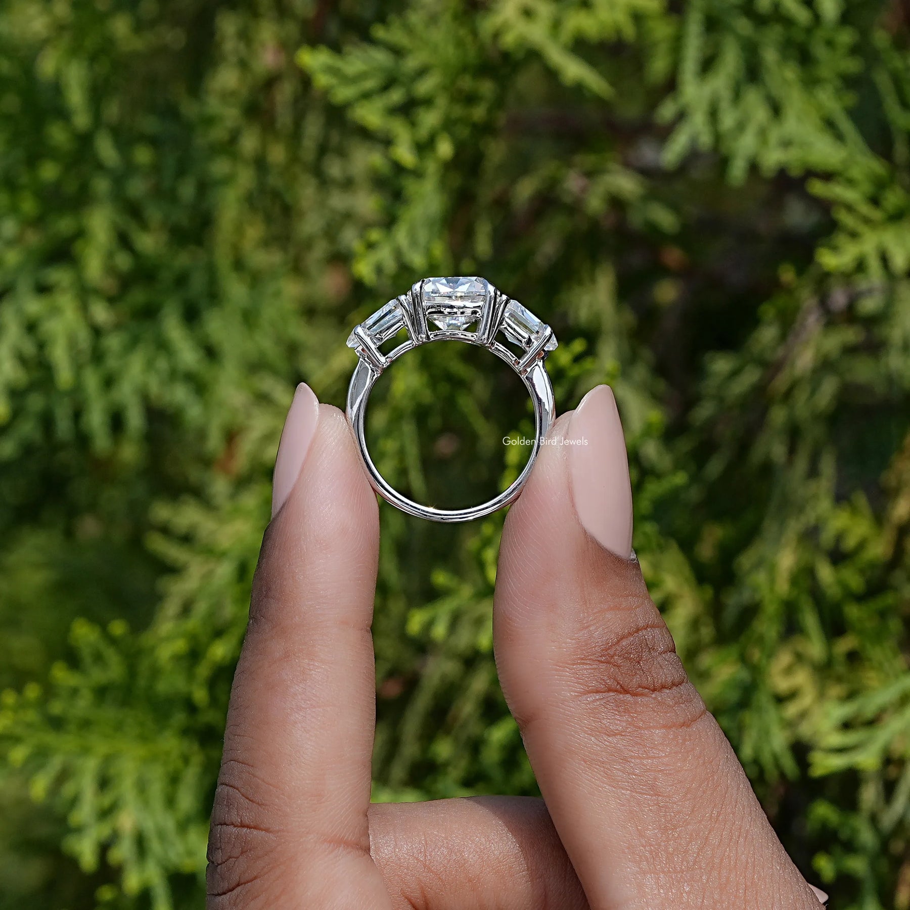 Back view of moissanite elongated Cushion cut solitaire ring