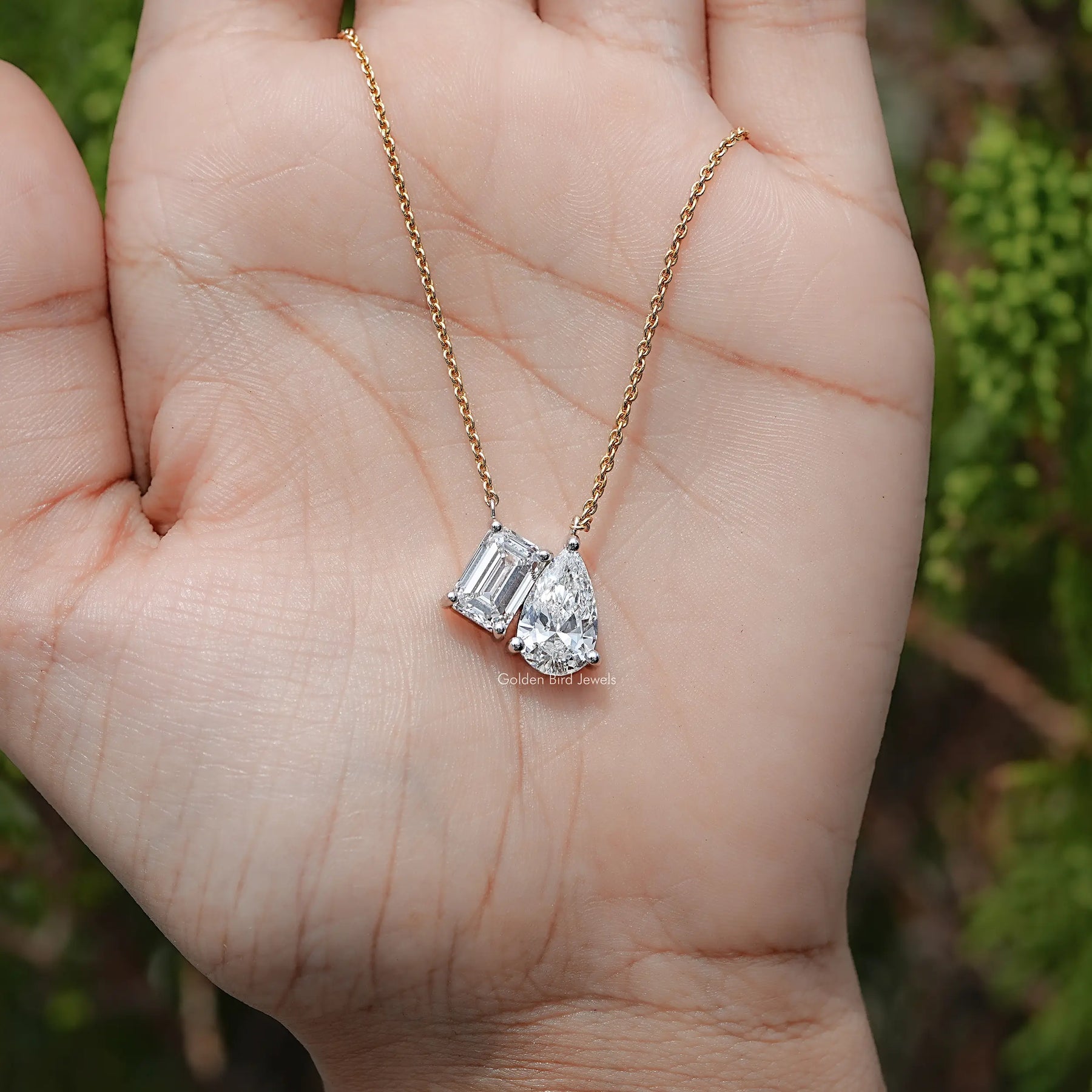 Emerald And Pear Lab Diamond Two Stone Pendant