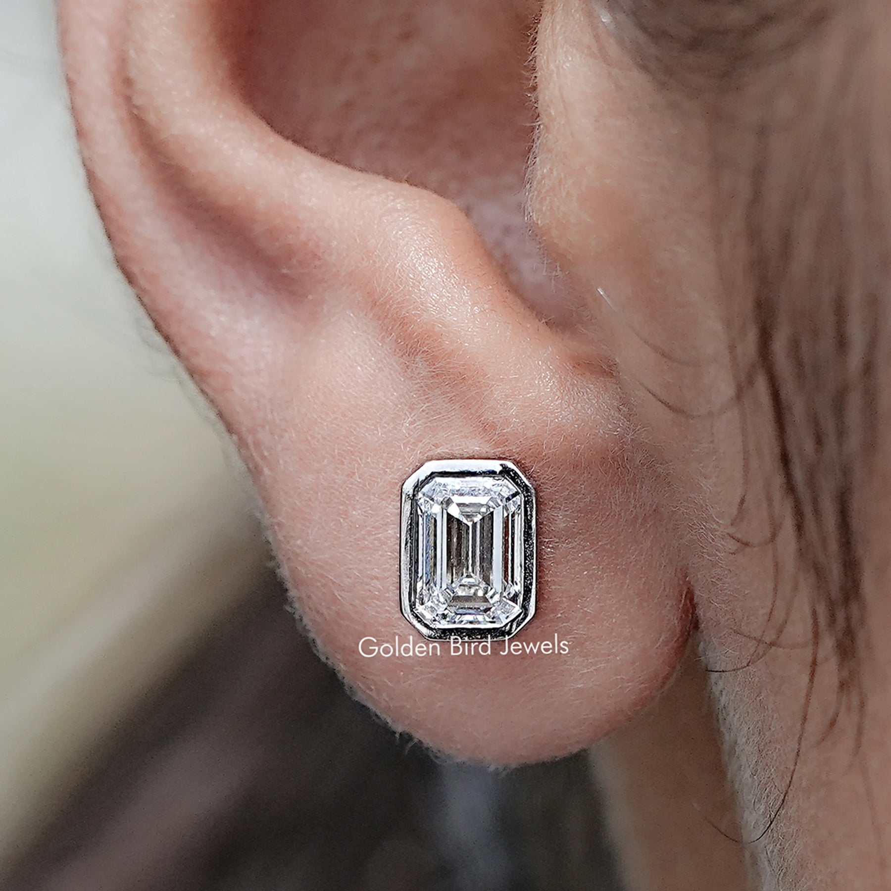 Emerald Cut Lab Diamond Bezel Set Stud Earrings