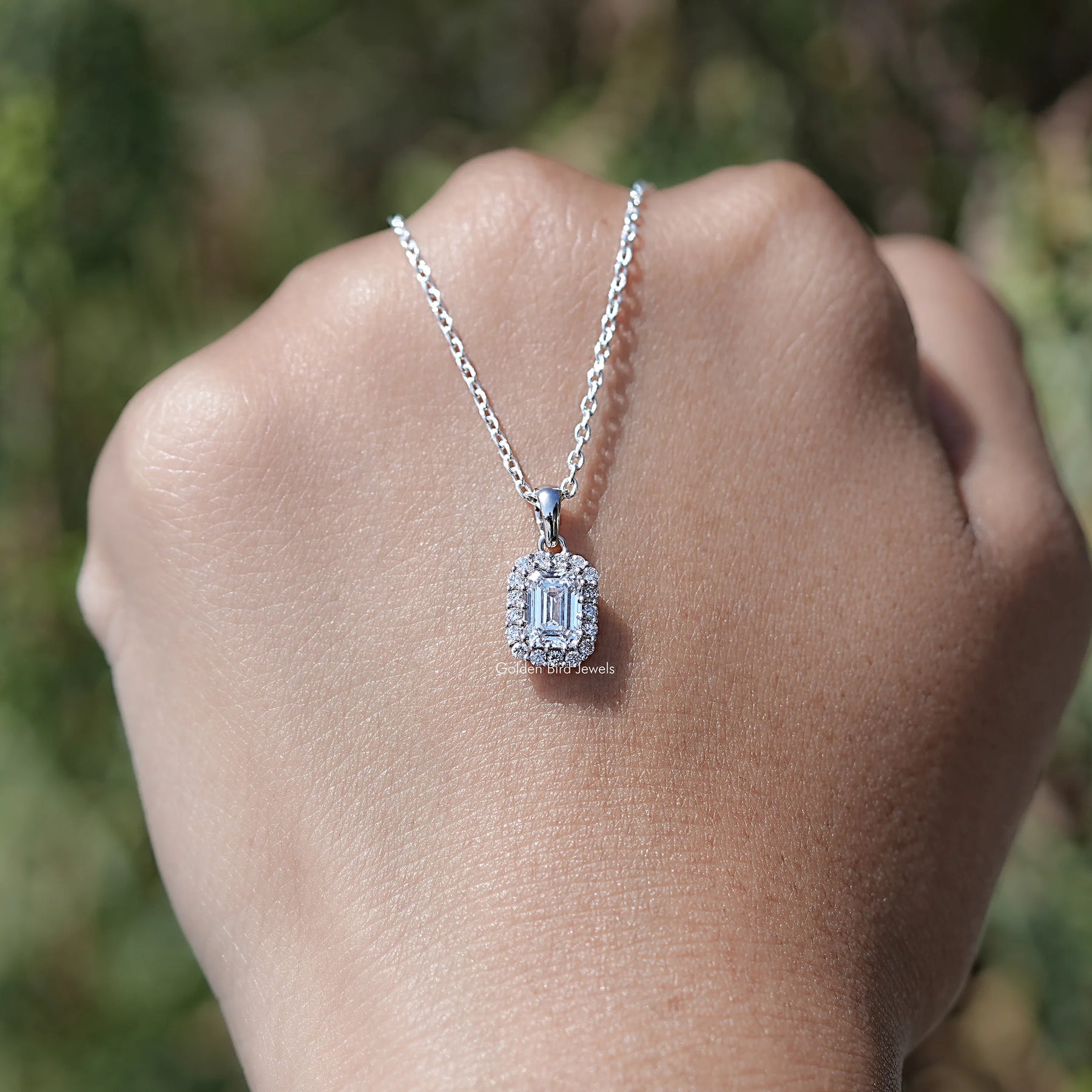 Emerald Cut Lab Grown Diamond Halo Pendant