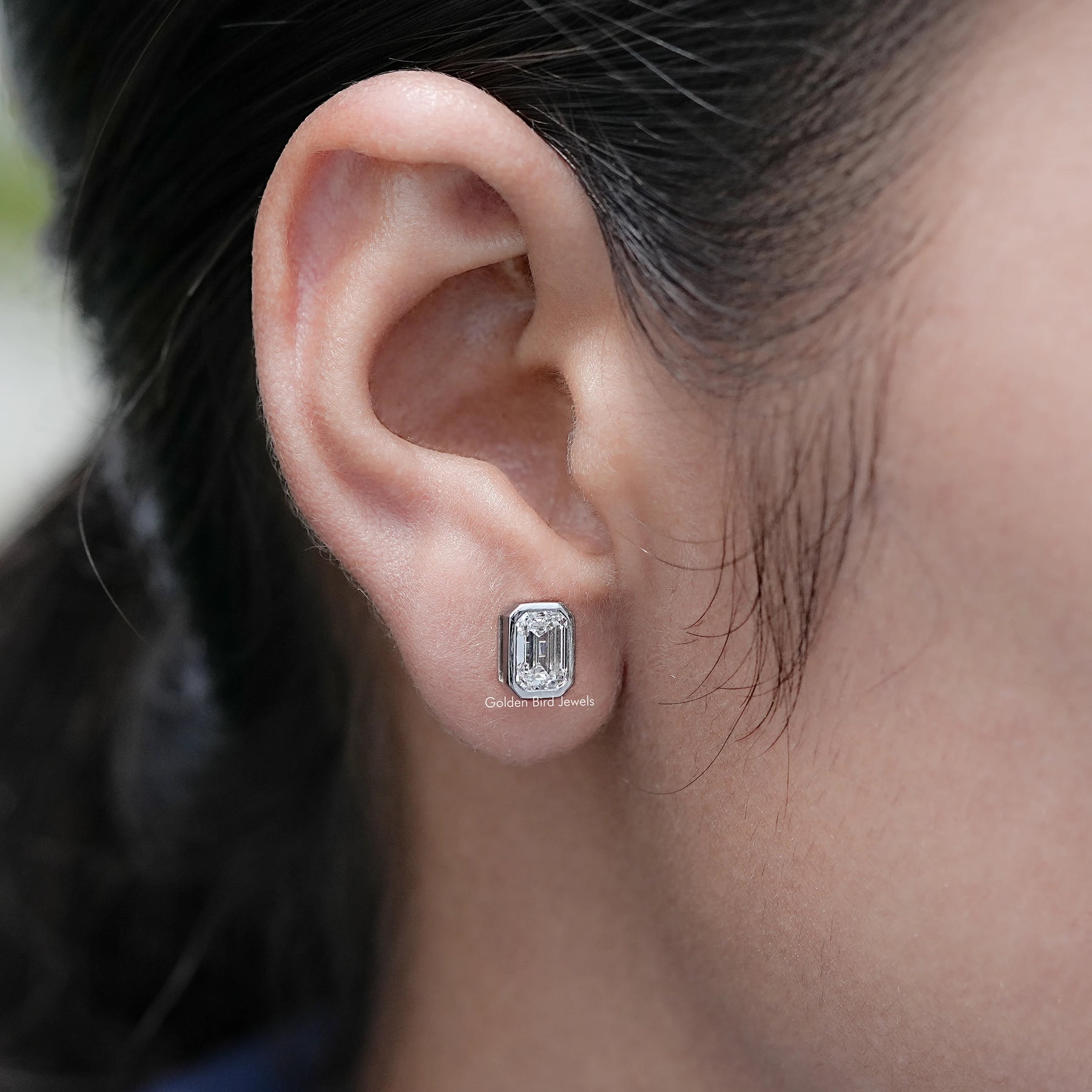 Emerald Cut Lab Diamond Bezel Set Stud Earrings