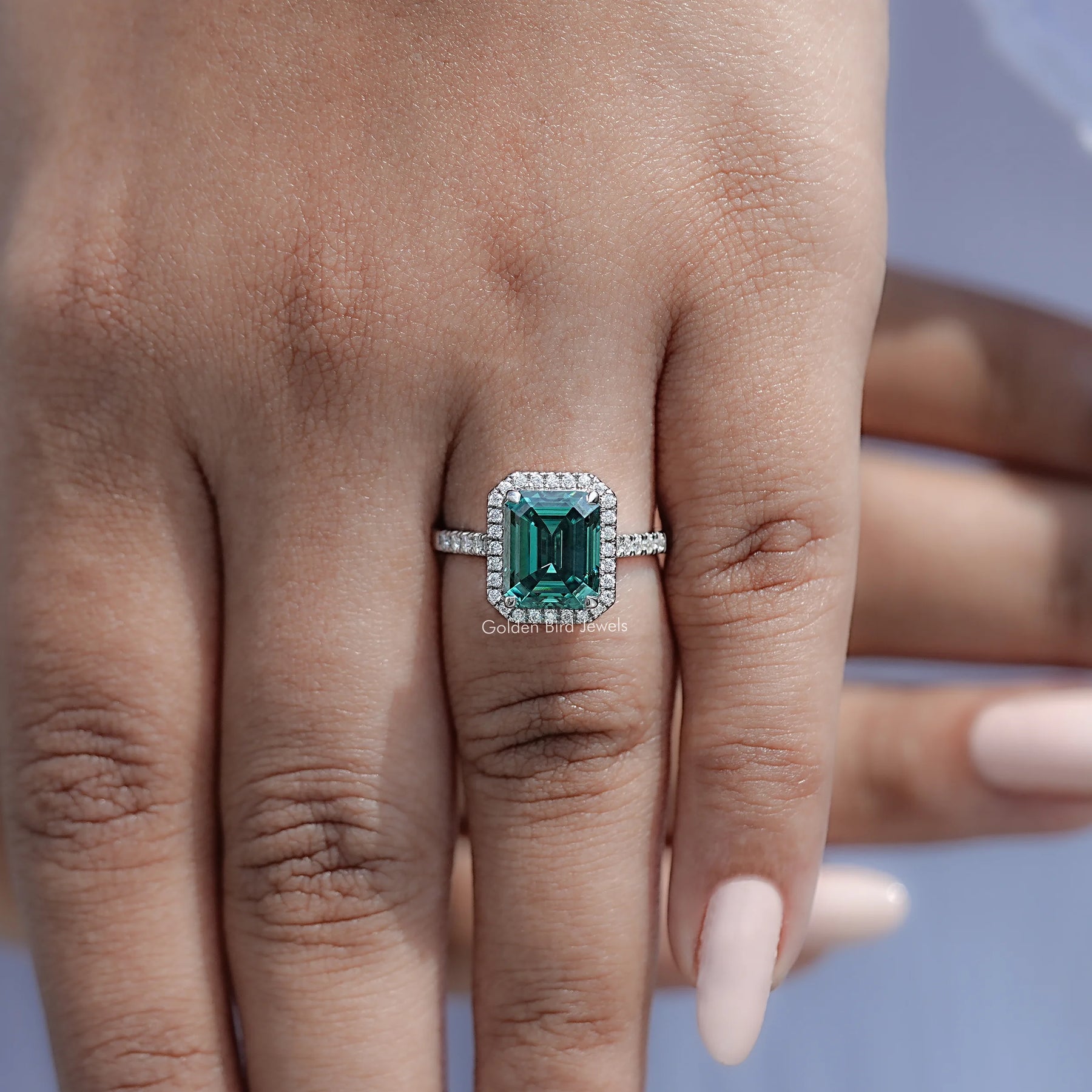 Emerald Moissanite Halo Accent Engagement Ring