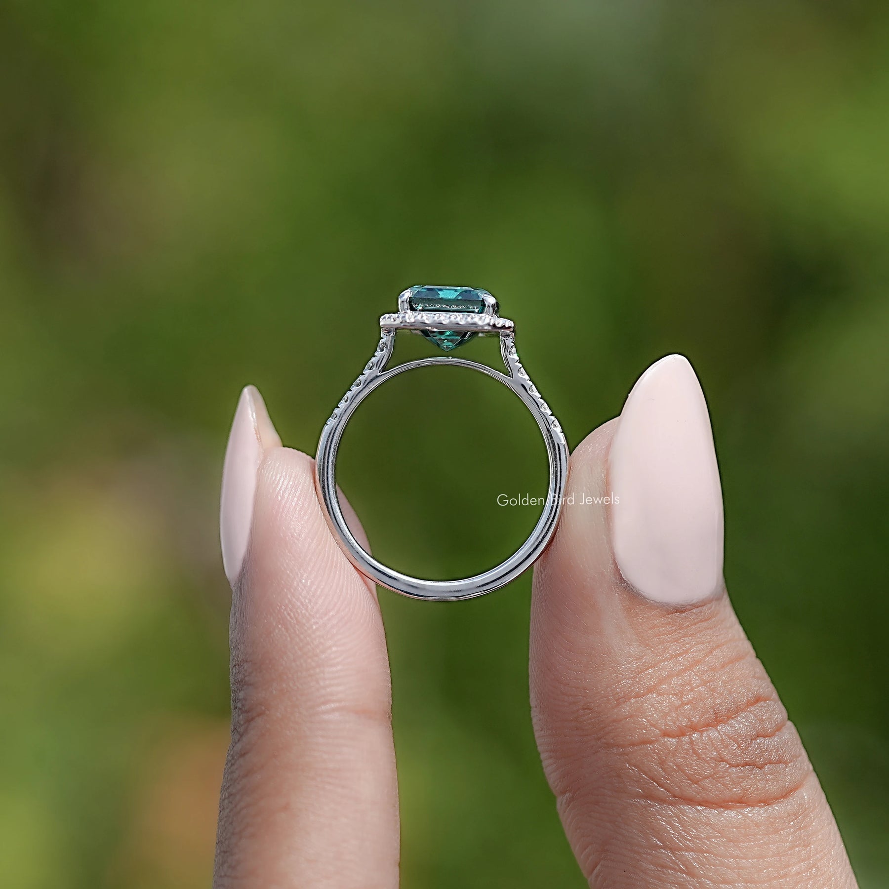 Emerald Moissanite Halo Accent Engagement Ring