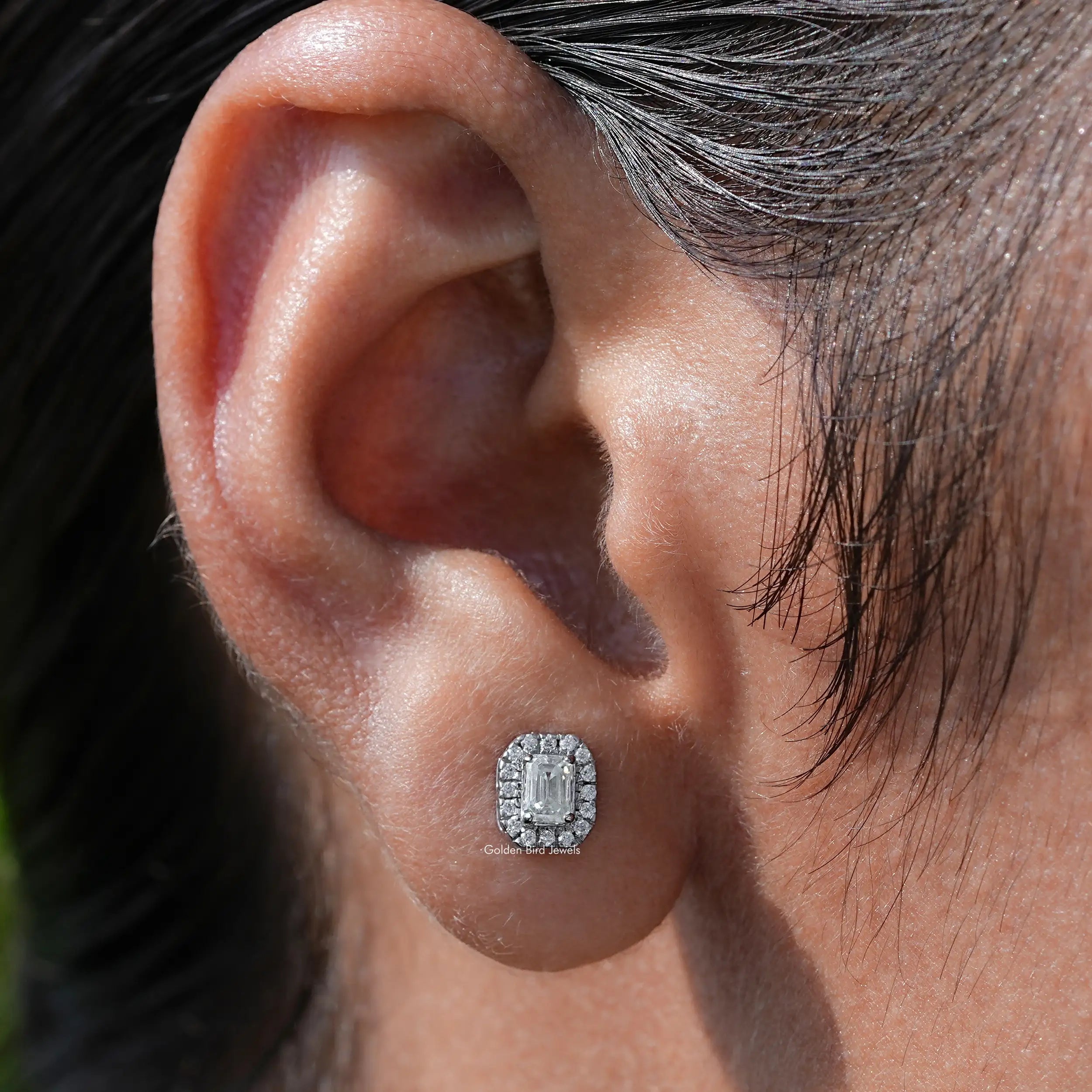 Emerald Cut Moissanite Halo Stud Earrings