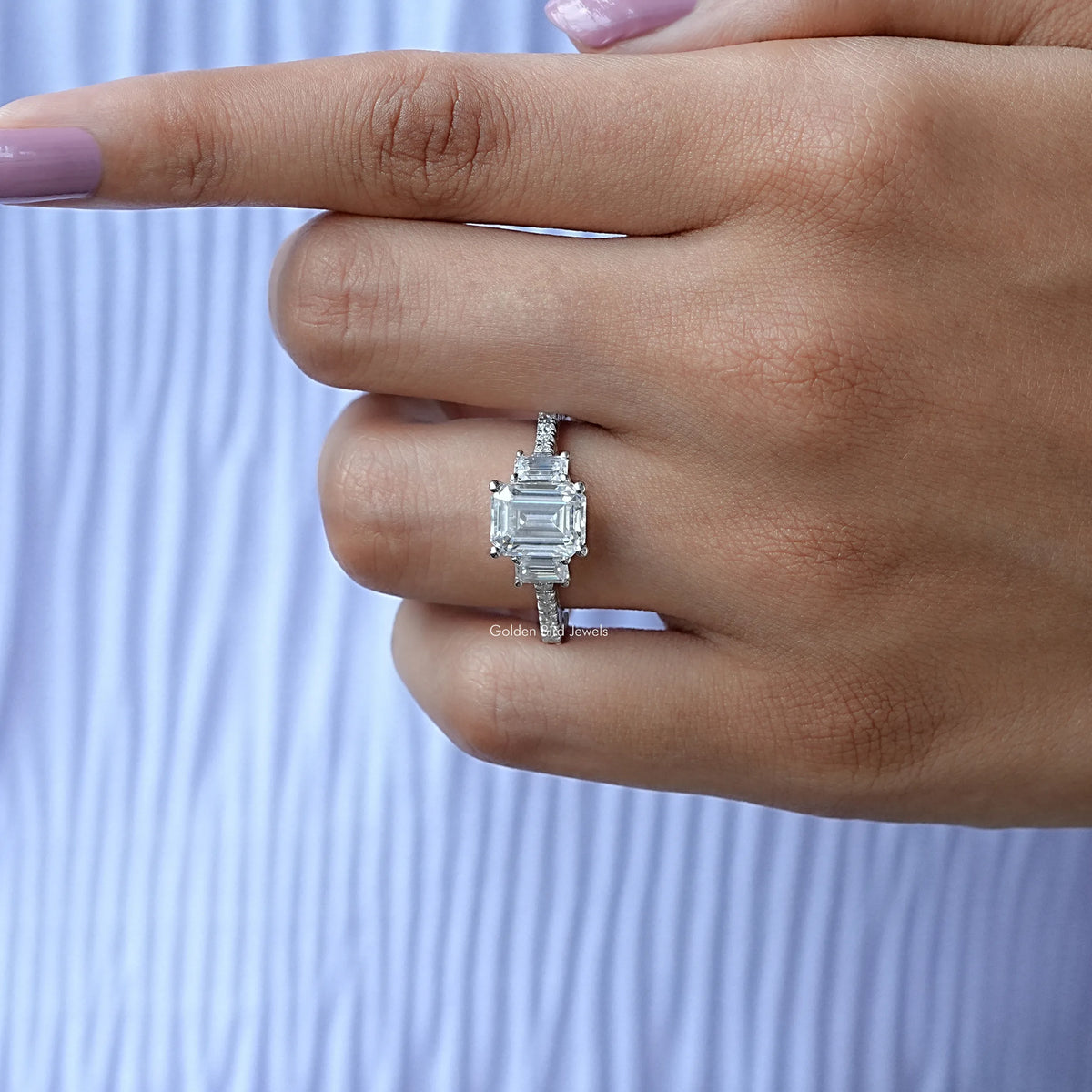 View of Three Stone Moissanite Engagement Ring In White Gold
