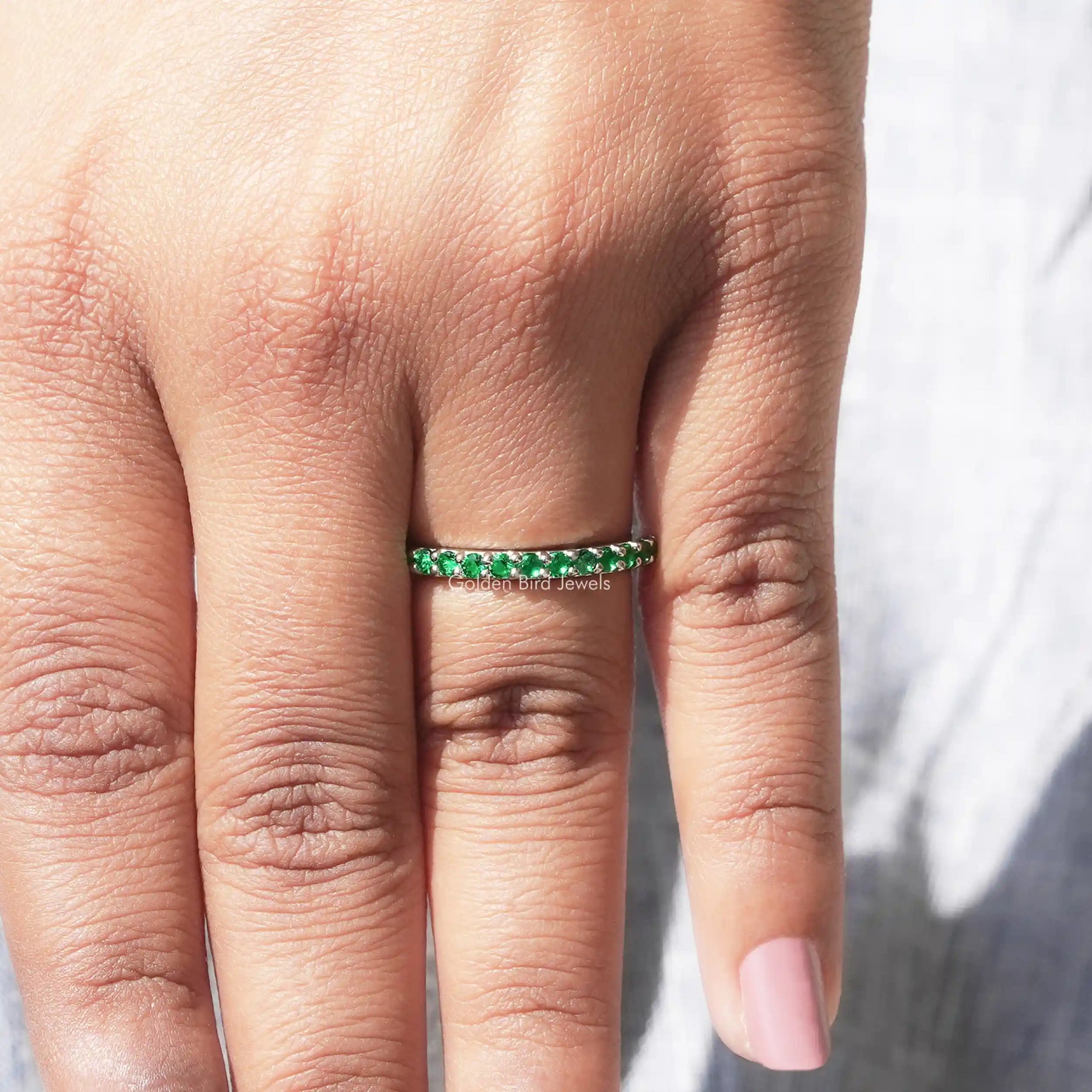 May Birthstone Emerald Green Round Eternity Band