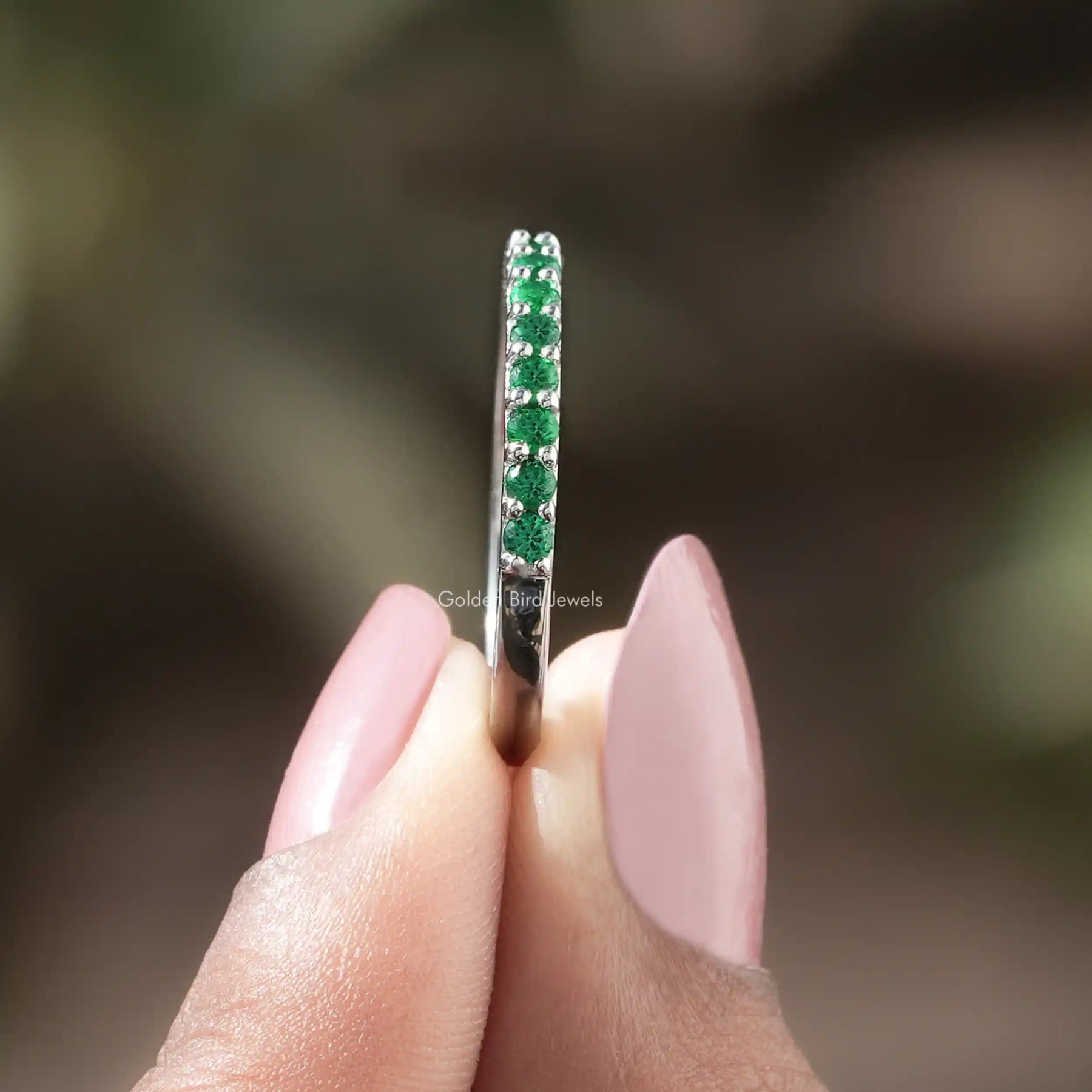May Birthstone Emerald Green Round Eternity Band