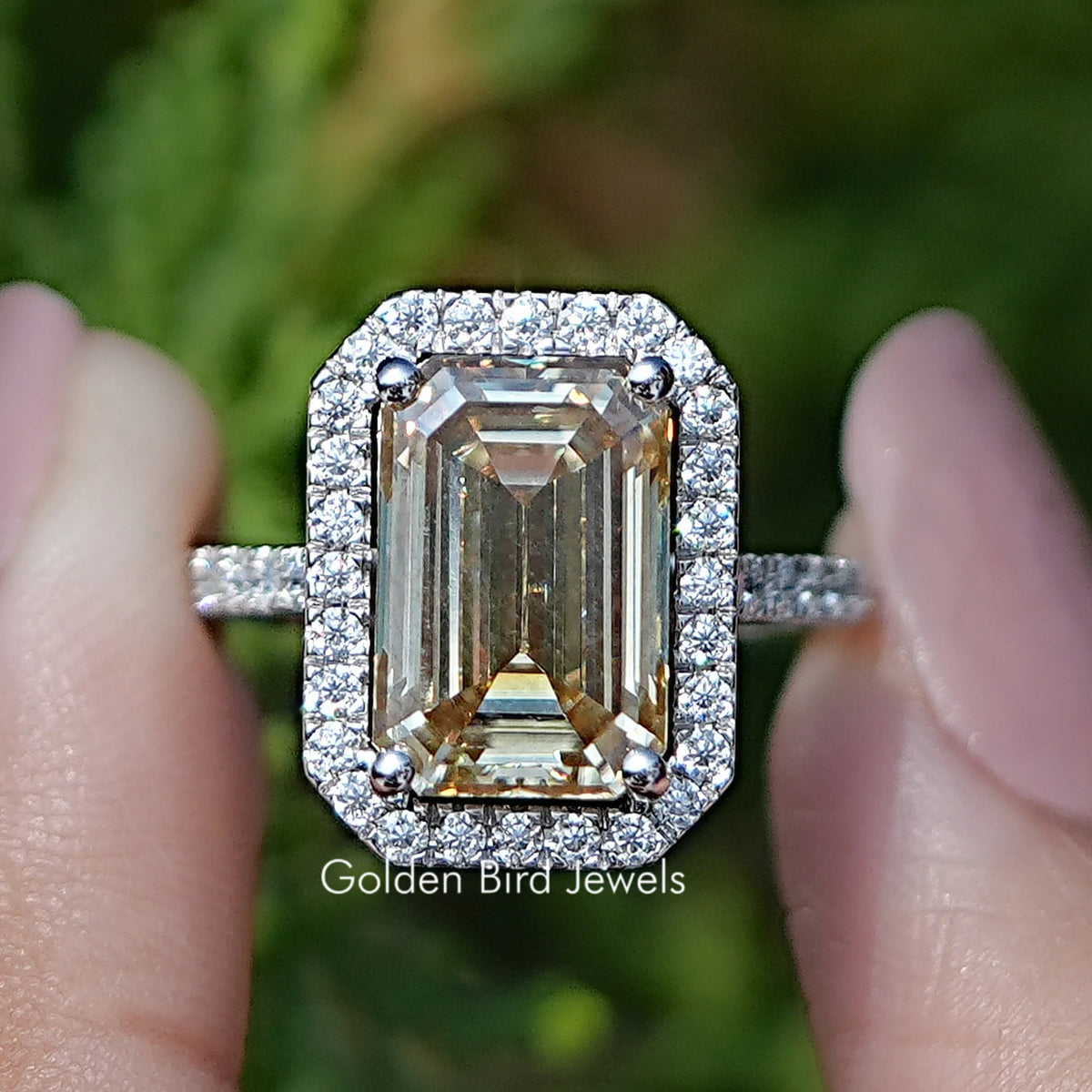 Front view of Emerald Moissanite Halo Engagement Ring