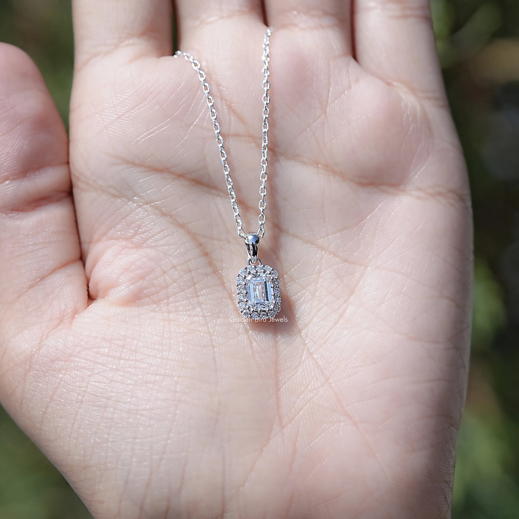 Emerald Cut Lab Grown Diamond Halo Pendant