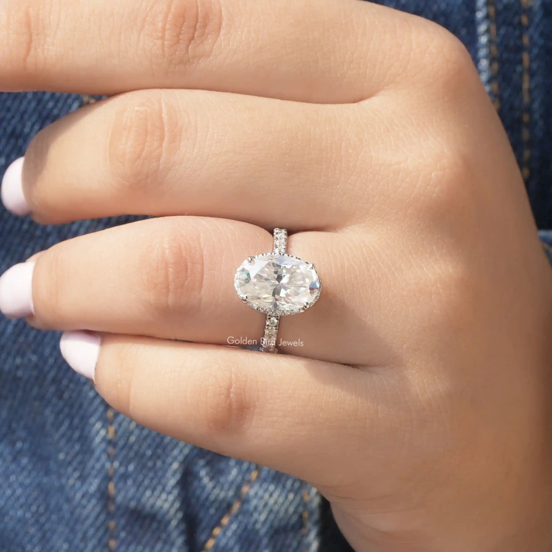 Detailed View Of Oval Cut Moissanite Halo Engagement Ring