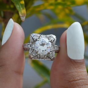 [This art deco ring made of round cut moissanite]-[Golden Bird Jewels]
