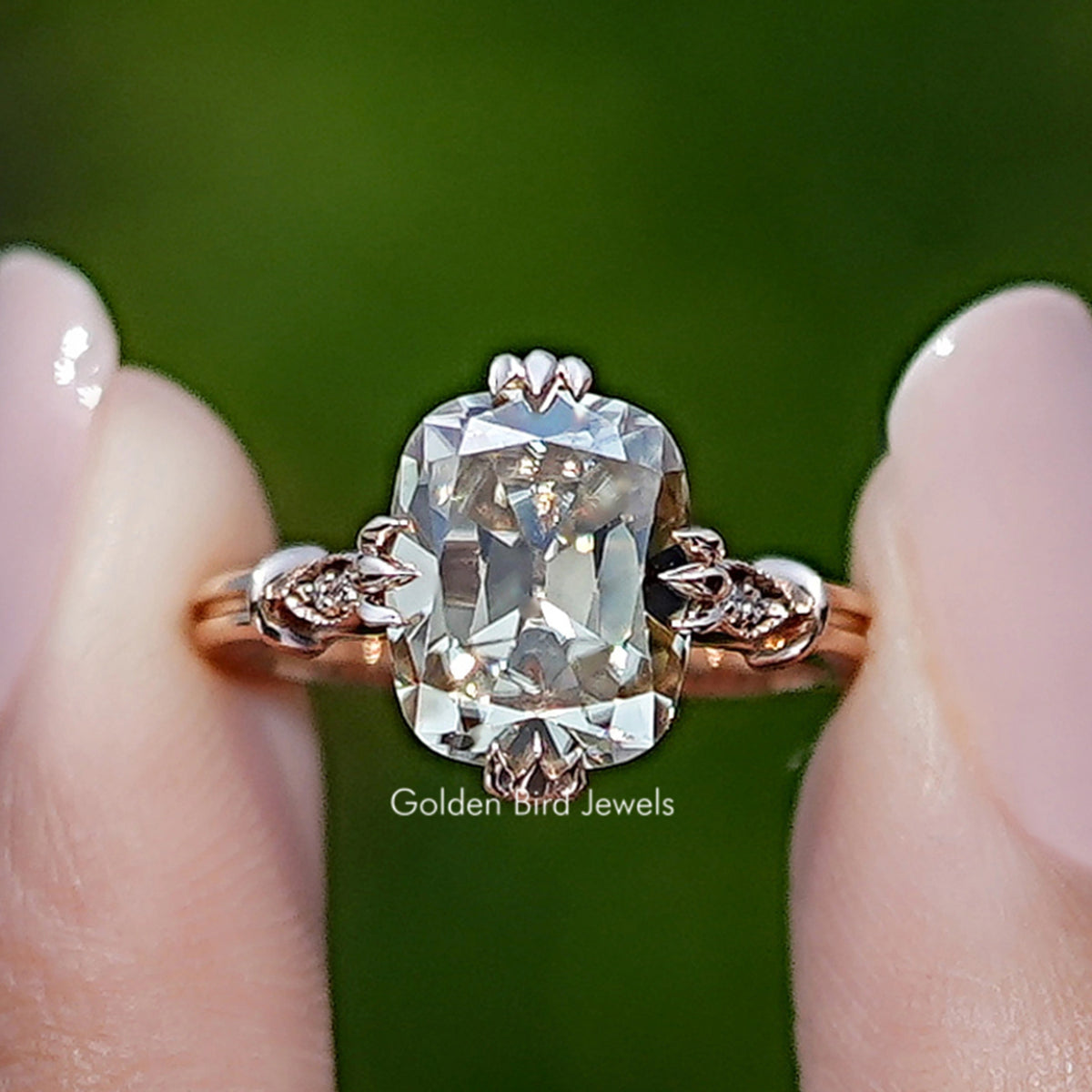 Front view of Old Mine Cushion Cut Moissanite Accent Ring