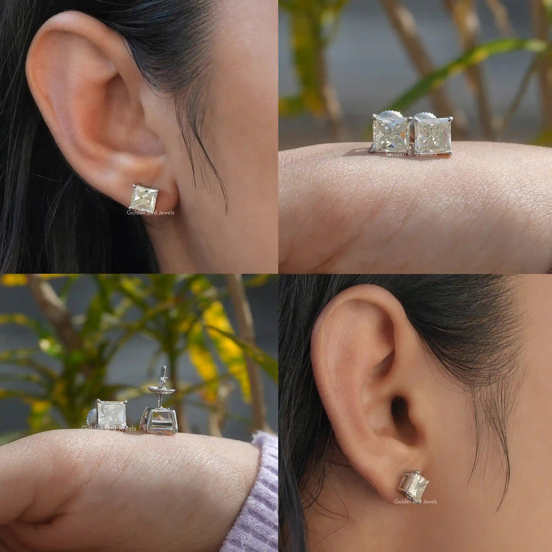 Front ear, hand, and back view of fashionable stud earrings
