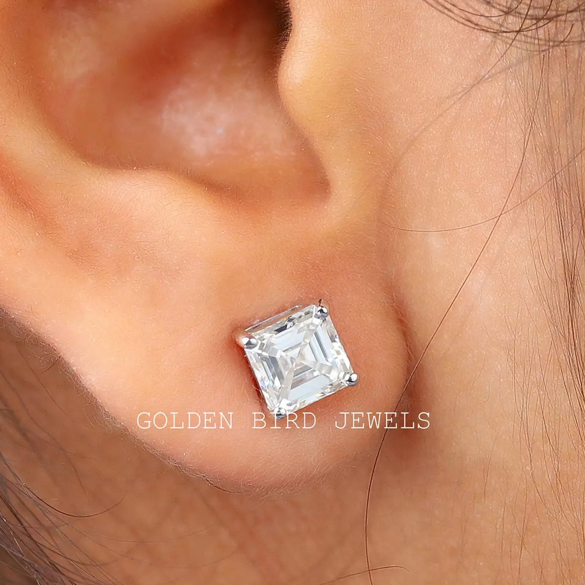 Asscher Cut Moissanite White Gold Stud Earrings