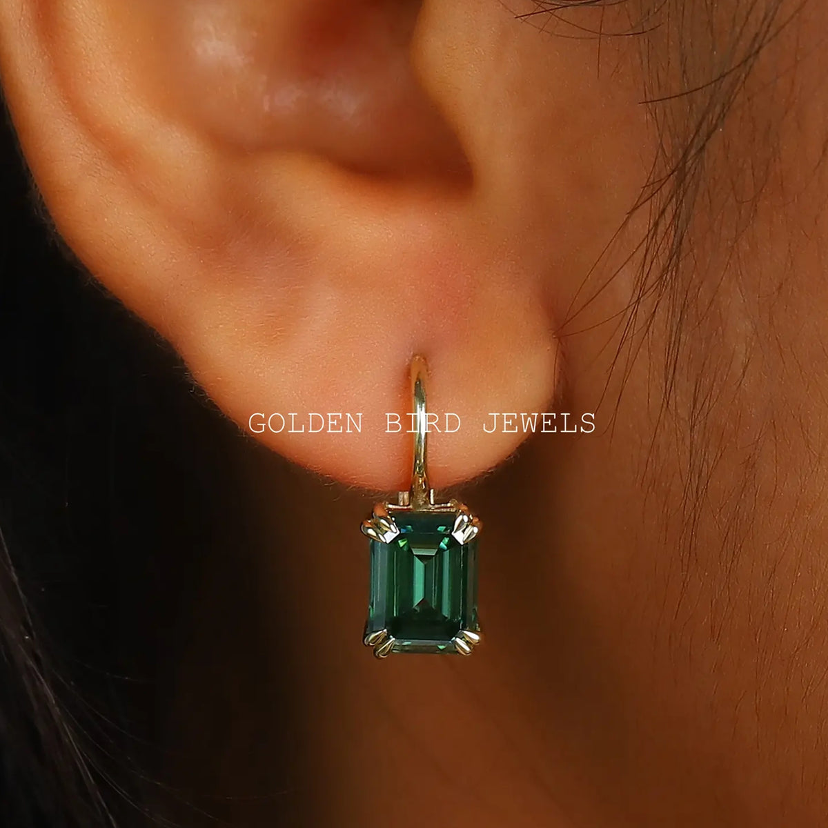 Dark Green Emerald Cut Moissanite Earrings