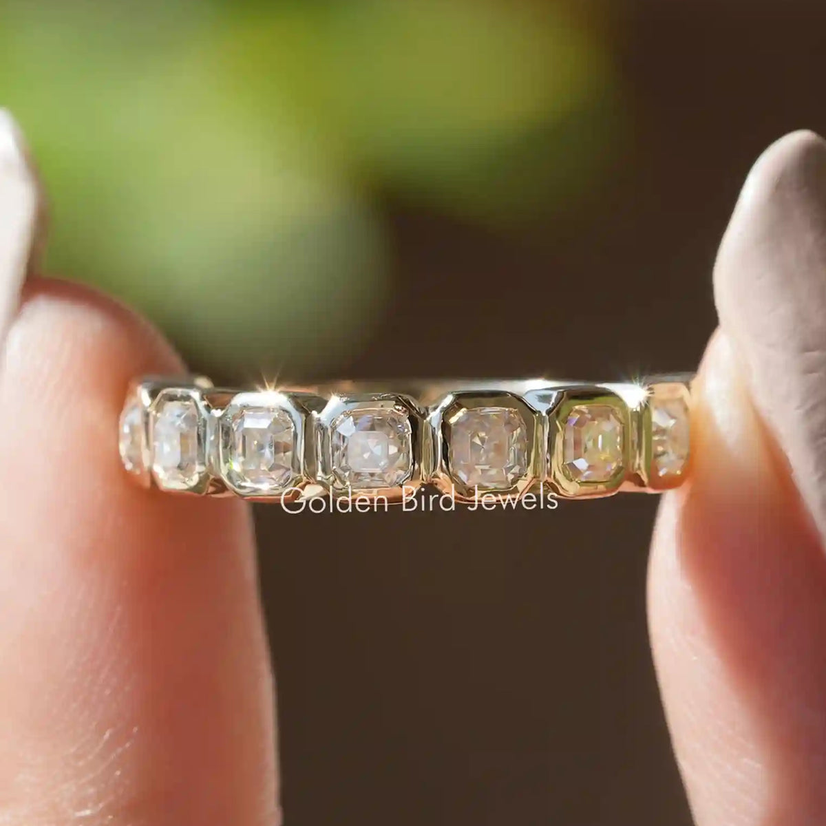 Near Colorless Asscher Cut Moissanite Wedding Band