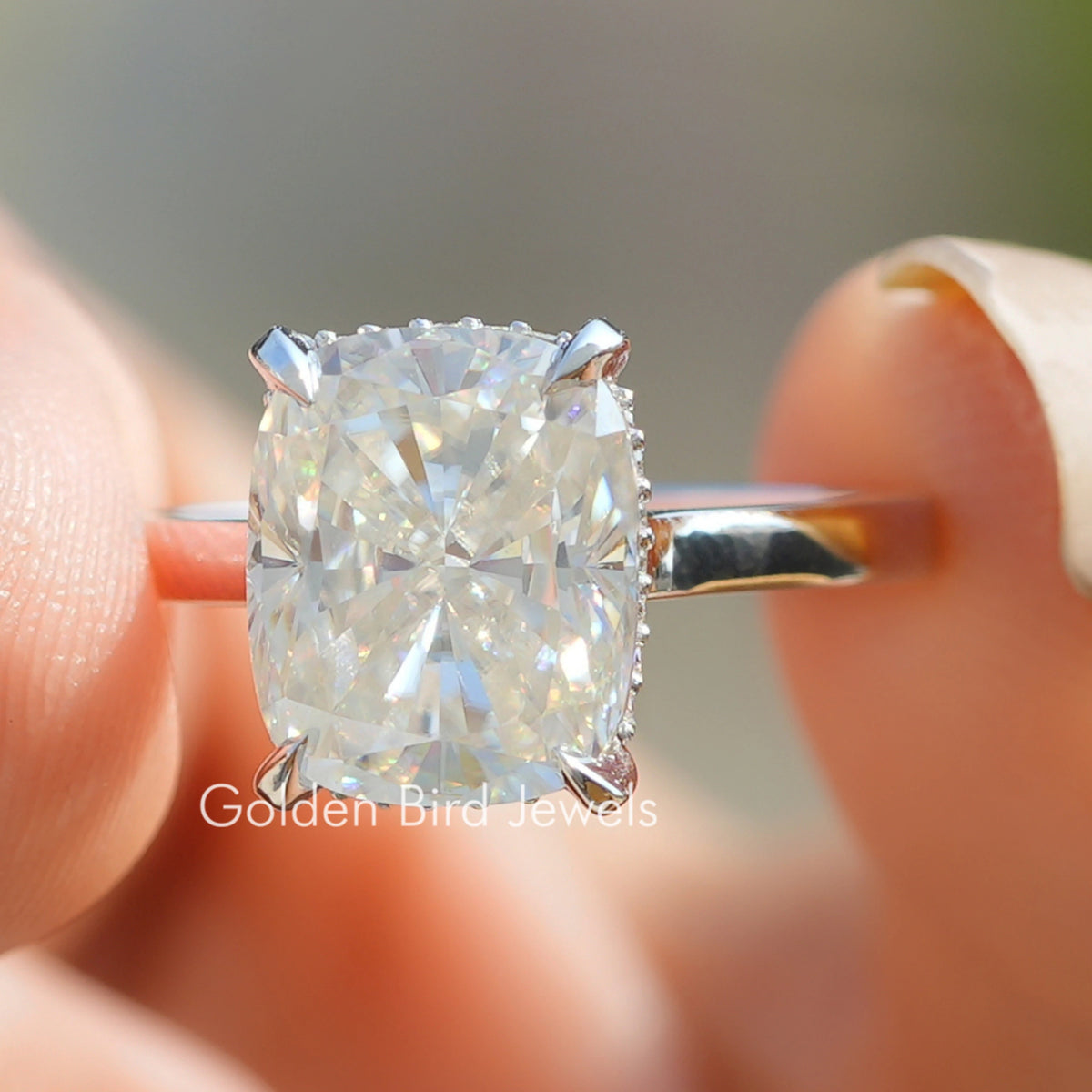 Elongated Cushion Moissanite Hidden Halo Ring
