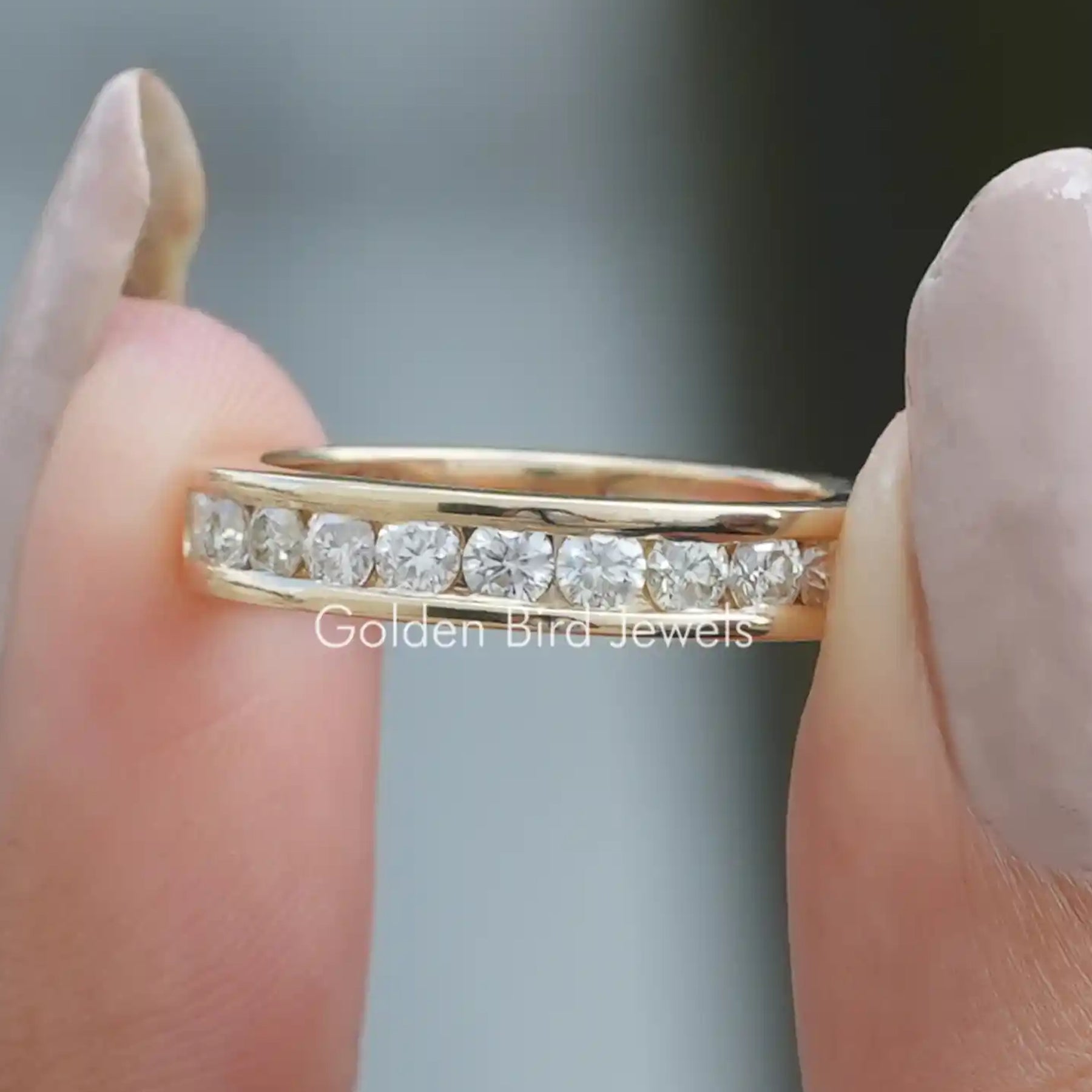 Round Cut Moissanite Half Eternity Channel Set Band