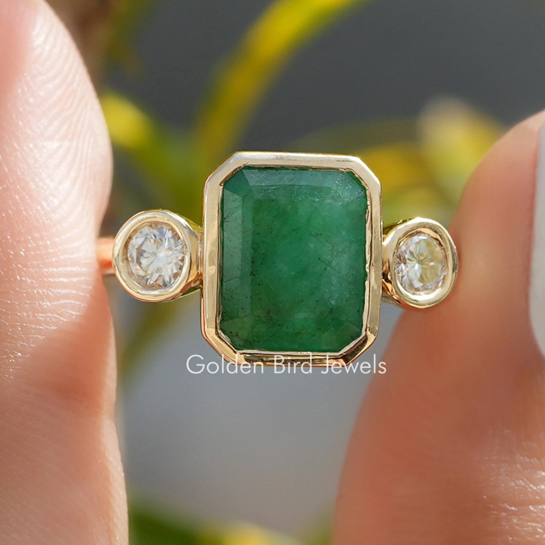Emerald Gemstone Bezel Set Three Stone Ring