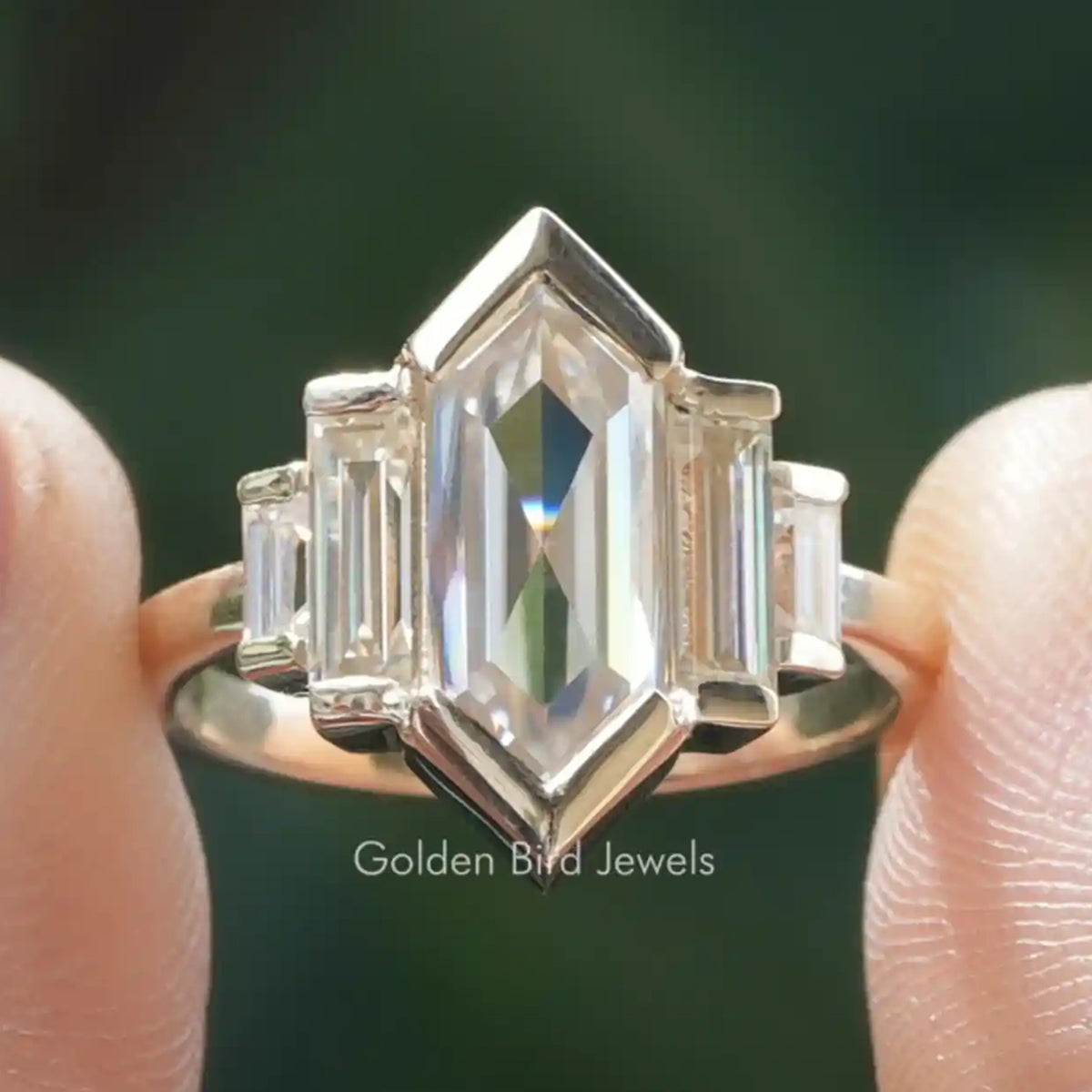 Elongated Hexagon Cut Moissanite Five Stone Ring