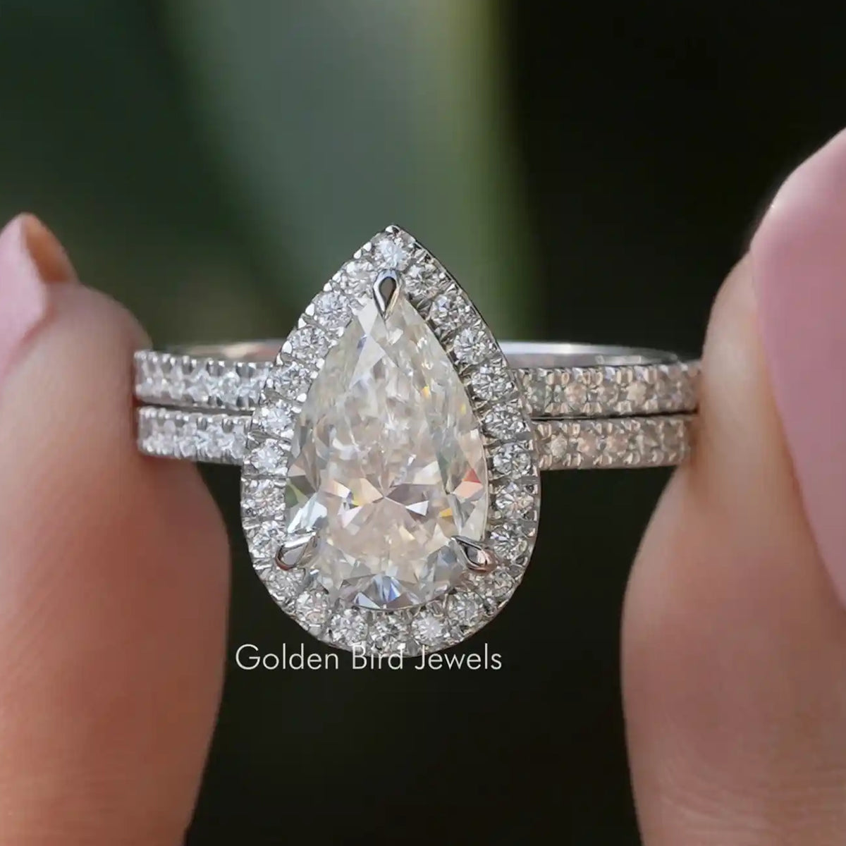 Pear Shaped Moissanite Halo Bridal Ring Set