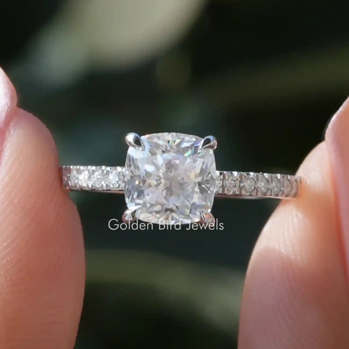 Cushion Cut Solitaire Accent Stone Engagement Ring