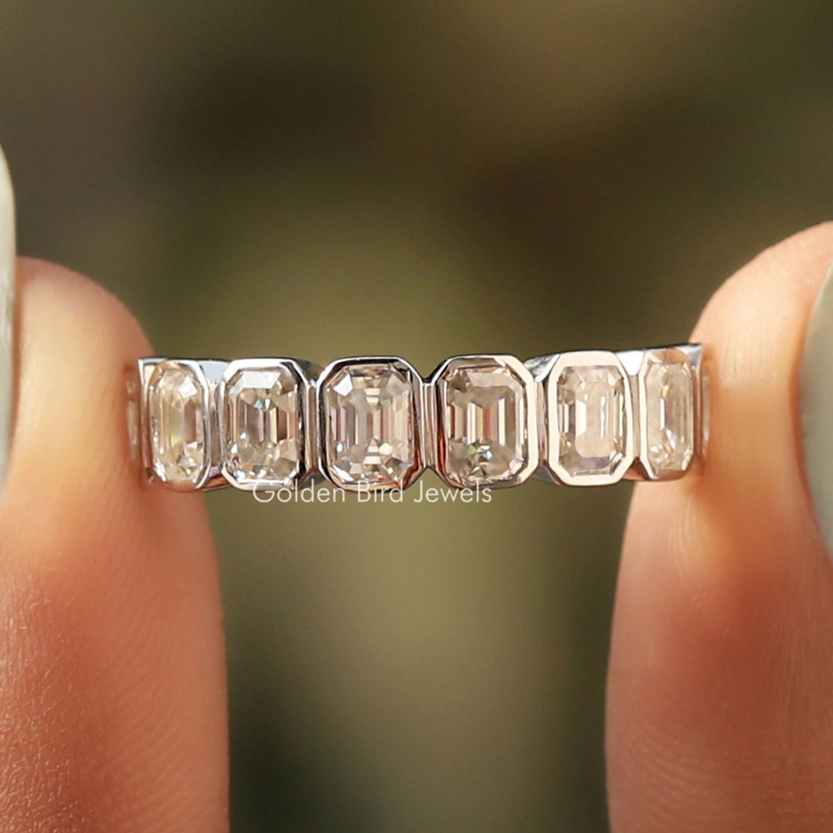 Emerald Cut Moissanite Wedding Set Half Eternity Band