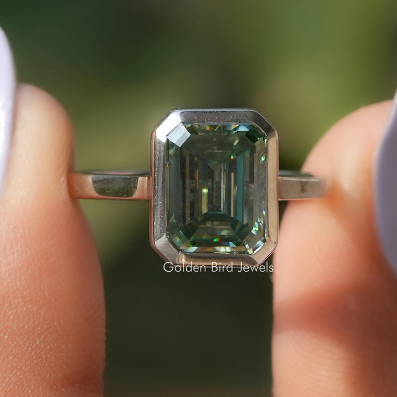 Emerald Cut Bezel Set Moissanite Solitaire Ring