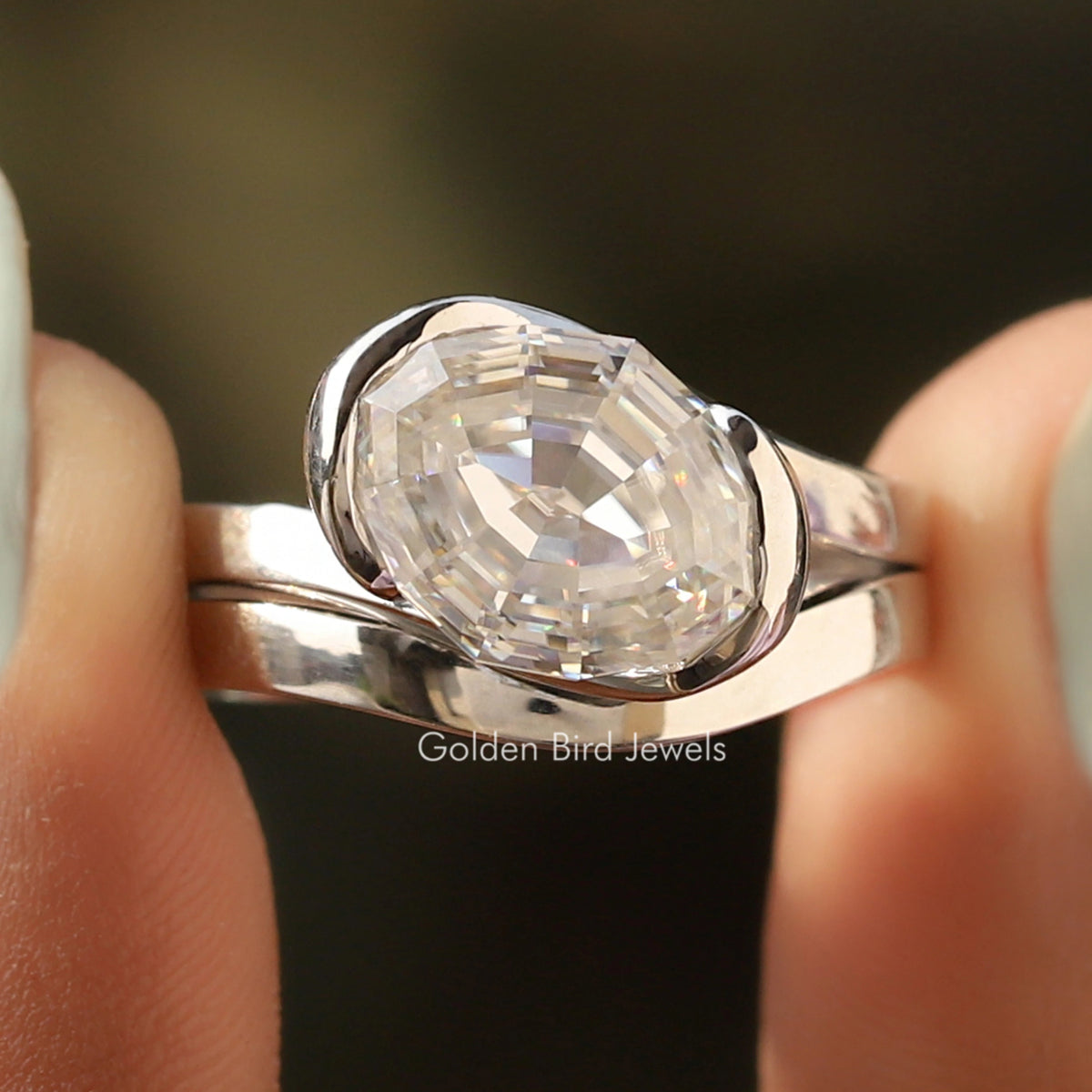 Step Cut Oval Moissanite Bypass Ring With Curved Band