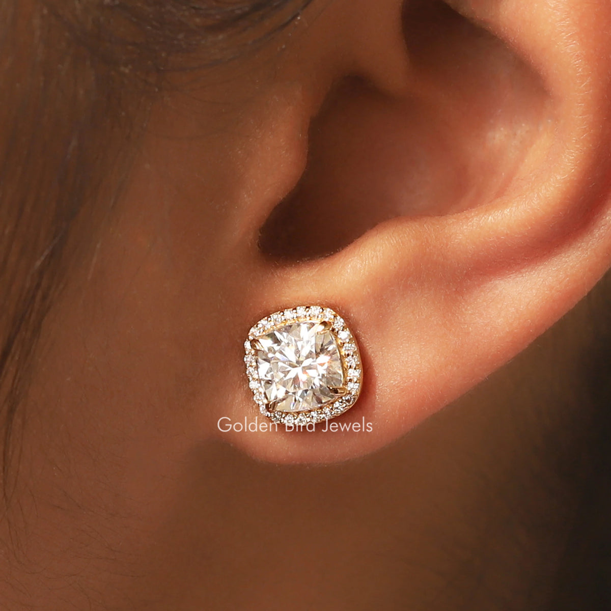Cushion Cut Moissanite Halo Studs Earrings