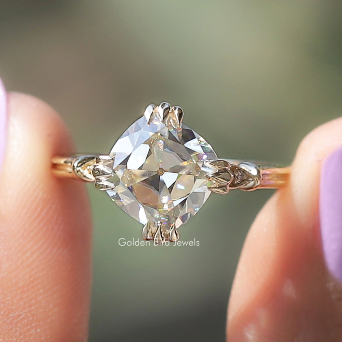 Off White Old Mine Cushion Cut Moissanite Ring