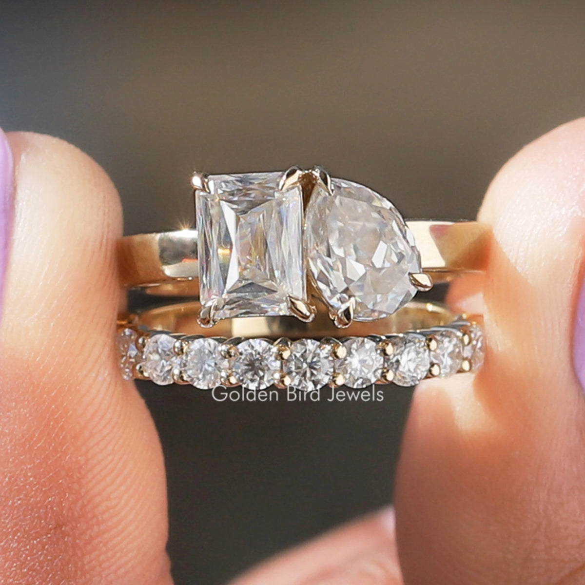 Old Mine Pear And Criss Cut Ring With Matching Band