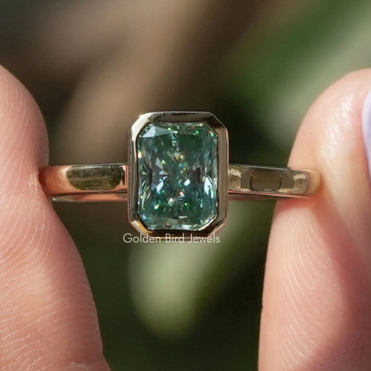 Blue Radiant Cut Moissanite Bezel Set Engagement Ring