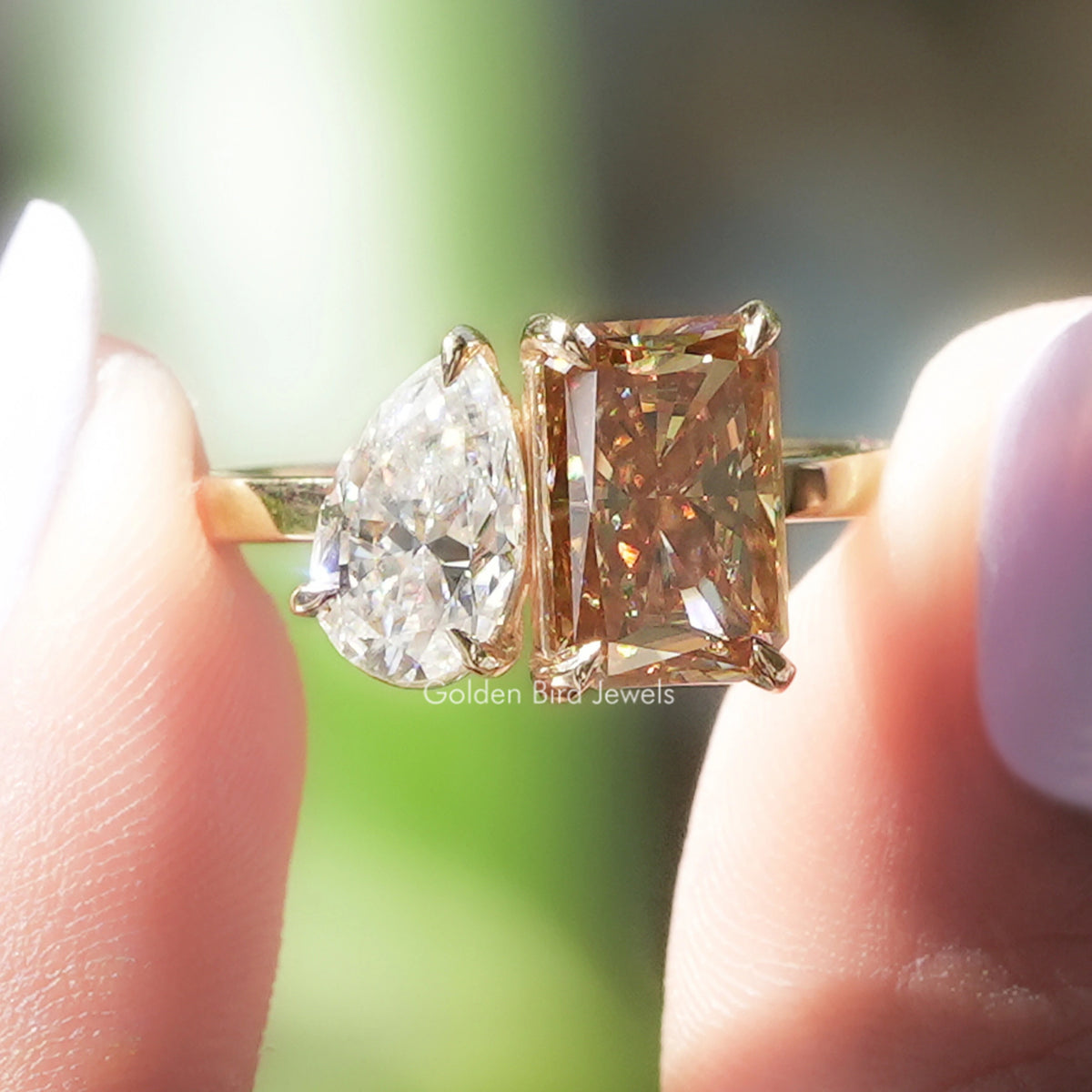 Pear Radiant Fancy Colored Moissanite Toi Et Moi Ring