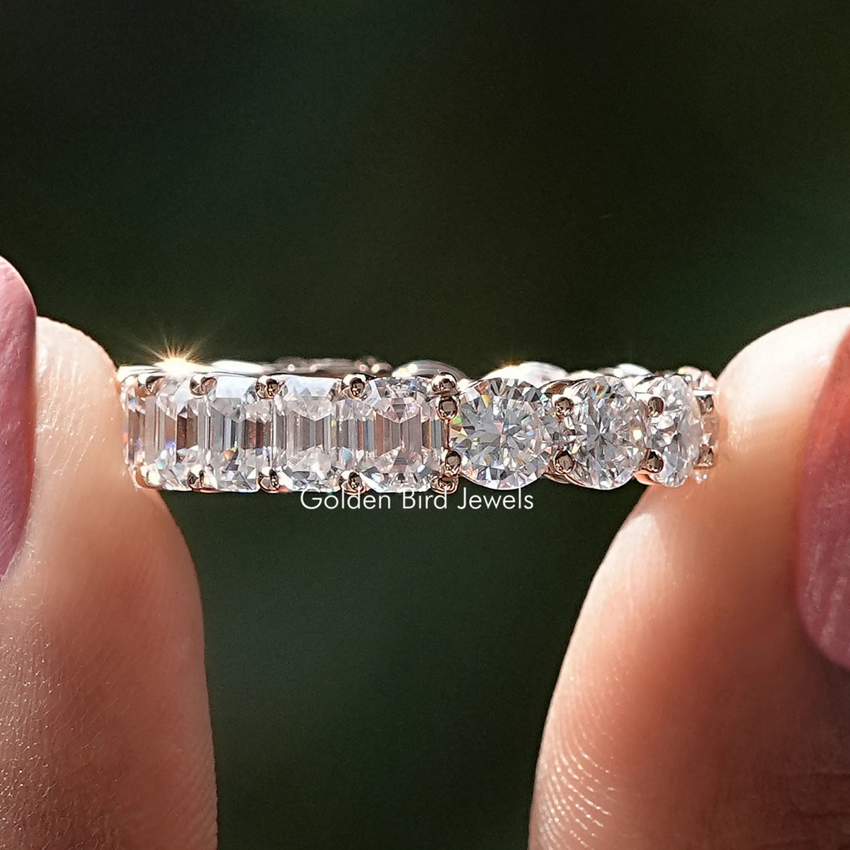 Half Emerald & Round Cut Moissanite Band