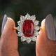 Red Ruby Elongated Cushion Halo Engagement Ring