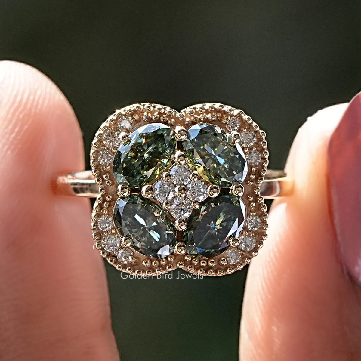 Green Oval Cut Halo Moissanite Engagement Ring
