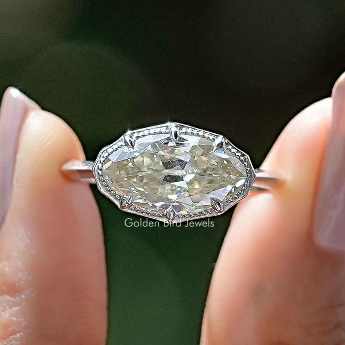 East West Old Mine Moval Moissanite Solitaire Ring