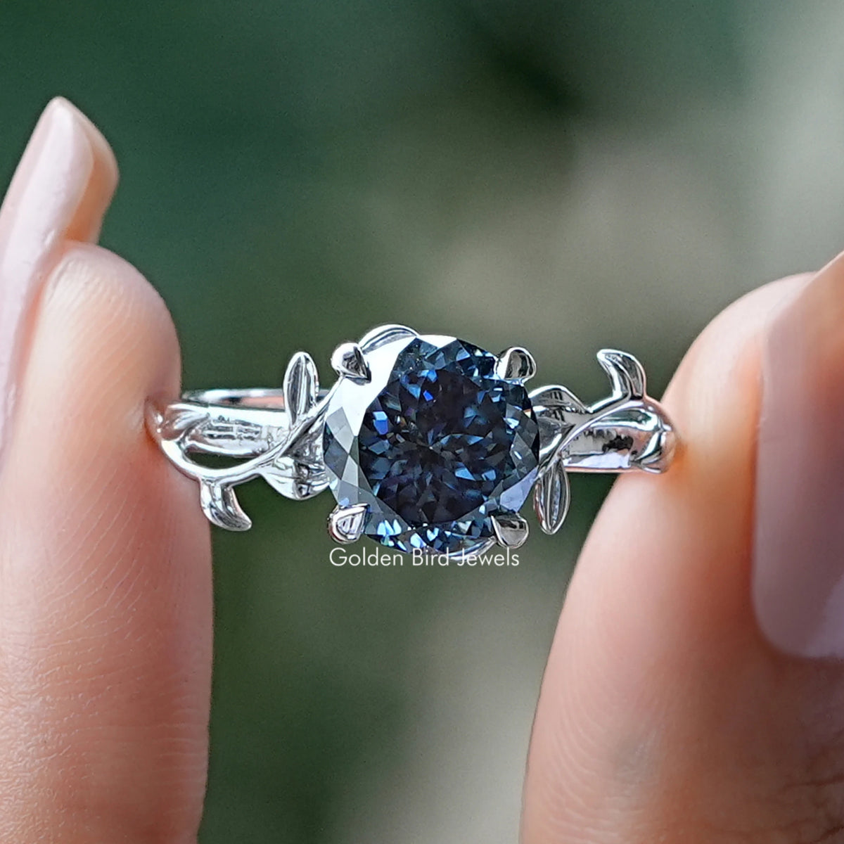 Blue Portuguese Cut Round Moissanite Ring
