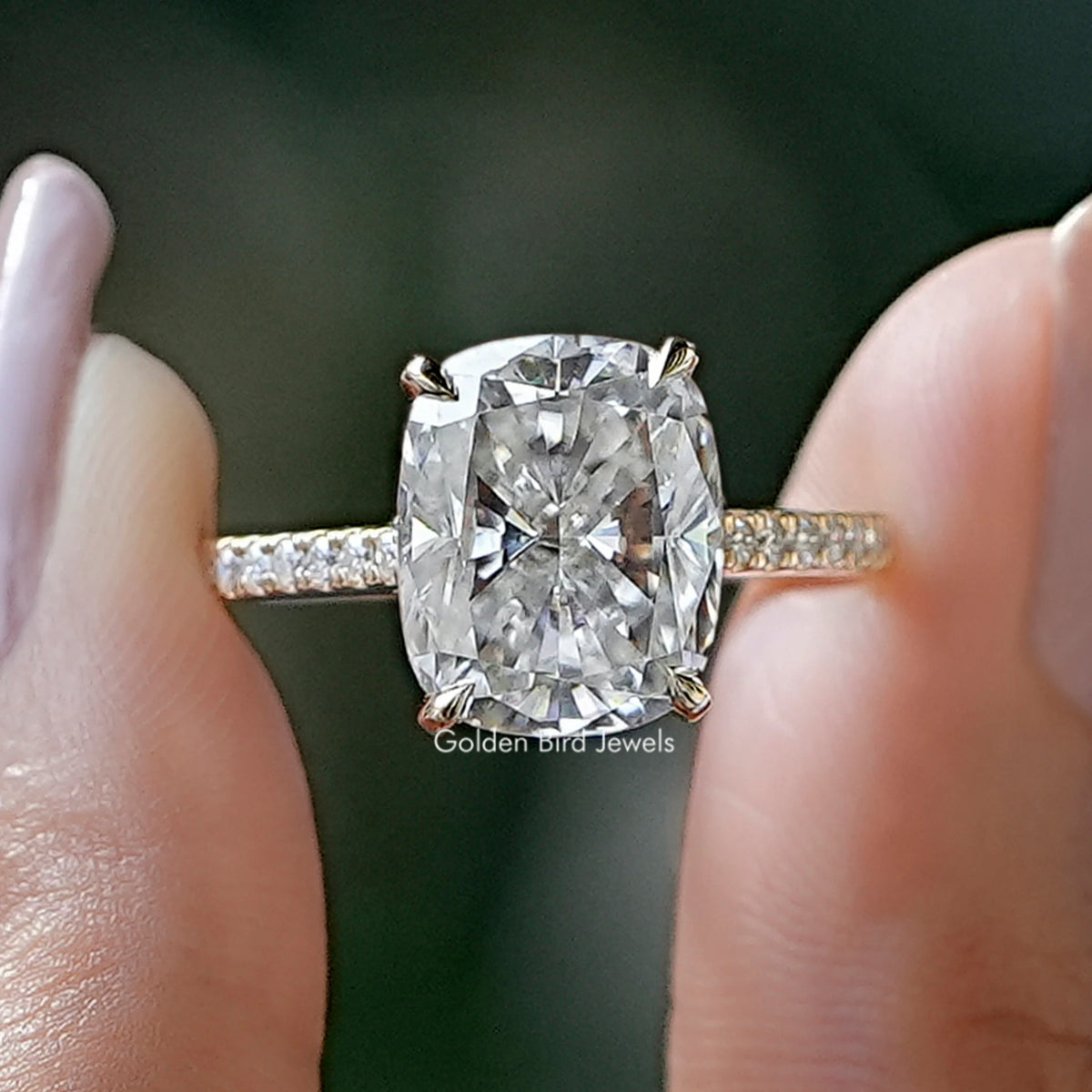 Cushion Cut Moissanite Hidden Halo Ring