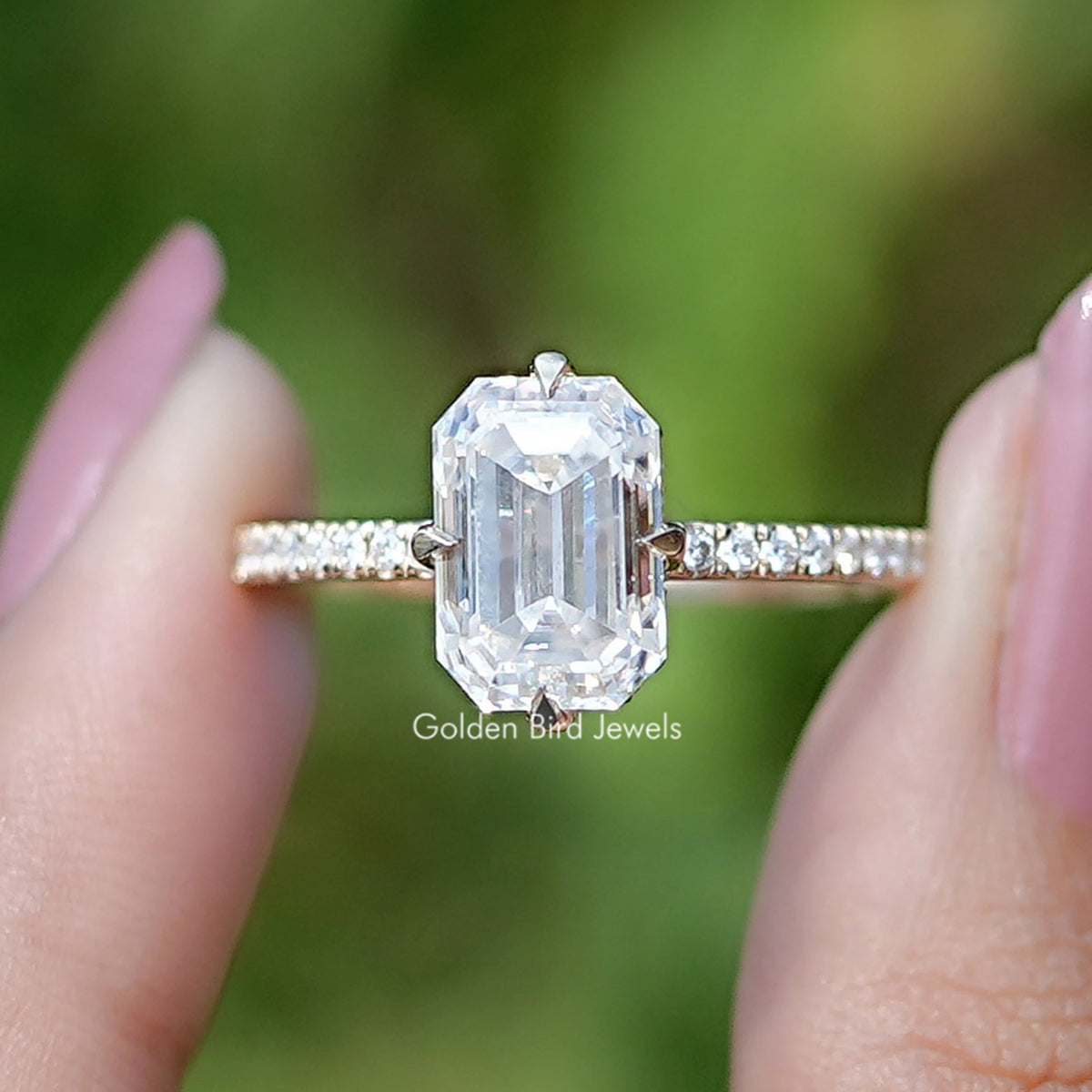 Emerald Cut Moissanite Hidden Halo Engagement Ring