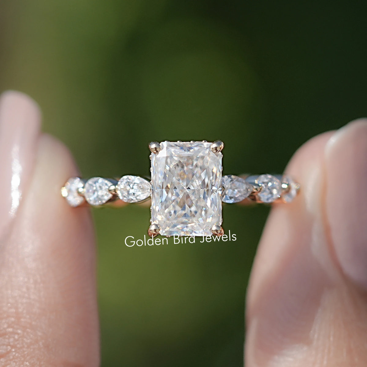 Crushed Ice Radiant Cut Hidden Halo Moissanite Ring