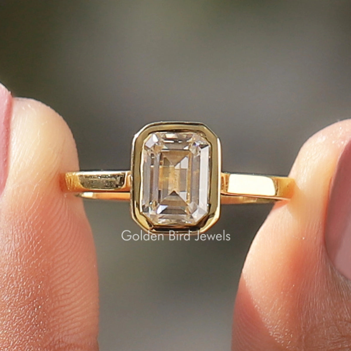 Emerald Cut Moissanite Bezel Set Engagement Ring