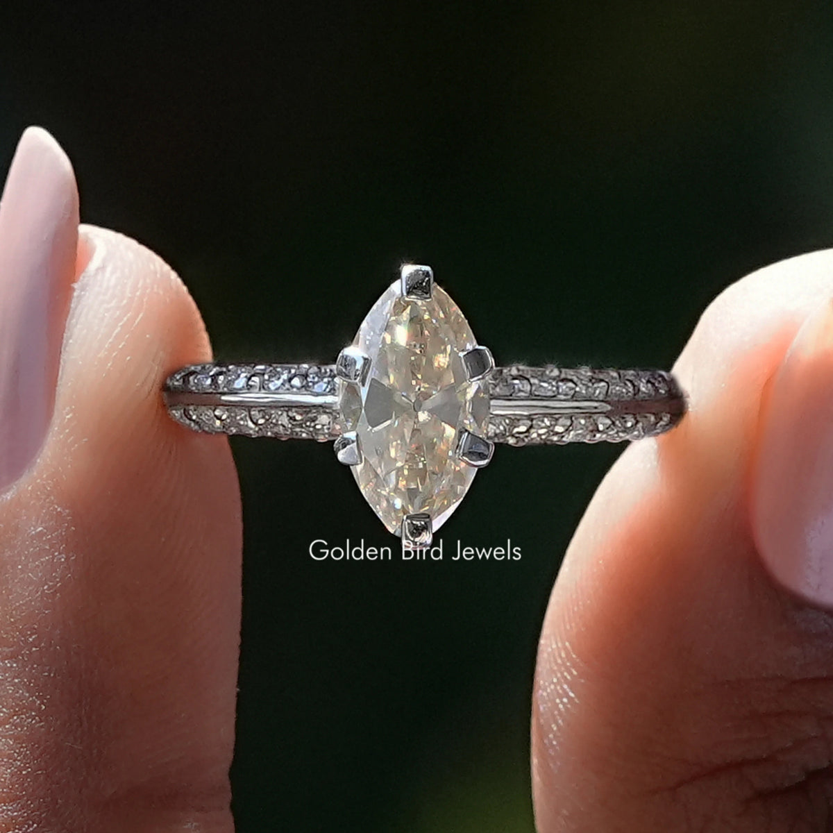 Off White Moval Cut Moissanite Engagement Ring