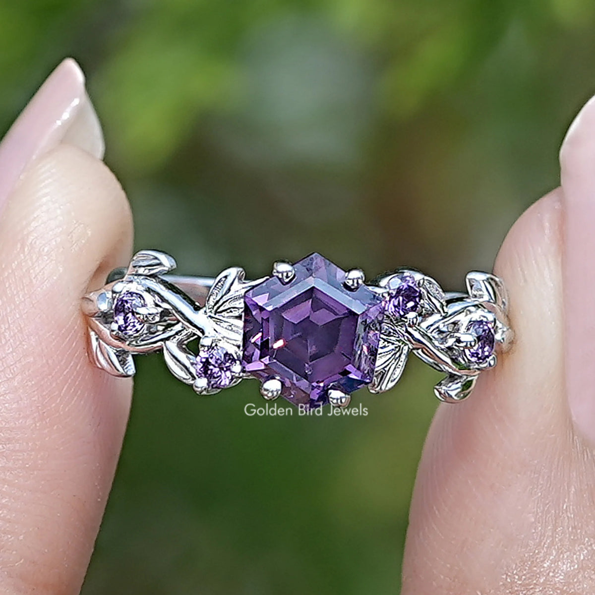 Amethyst Purple Hexagon Gemstone Accent Ring