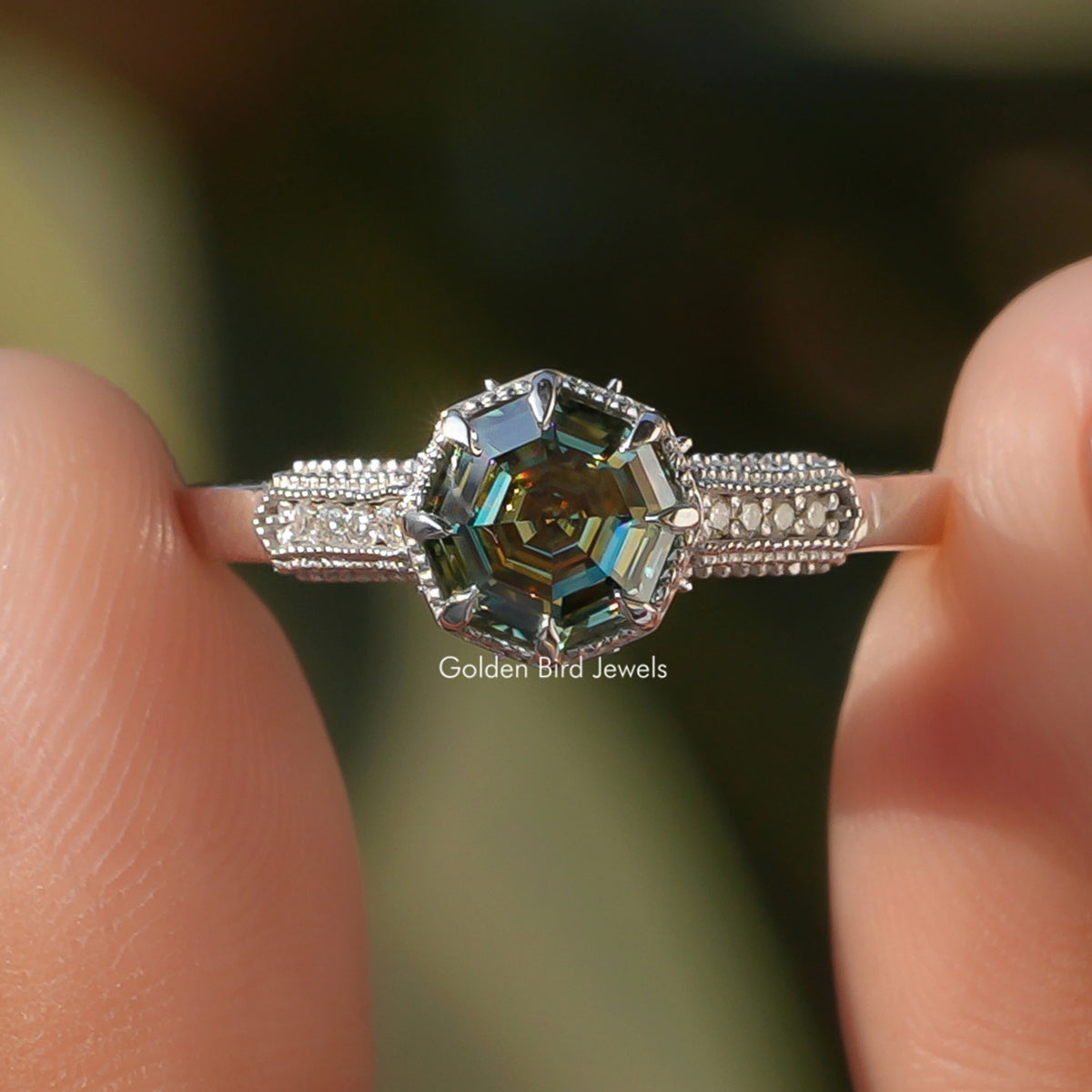 Step Cut Octagon Moissanite Accent Engagement Ring